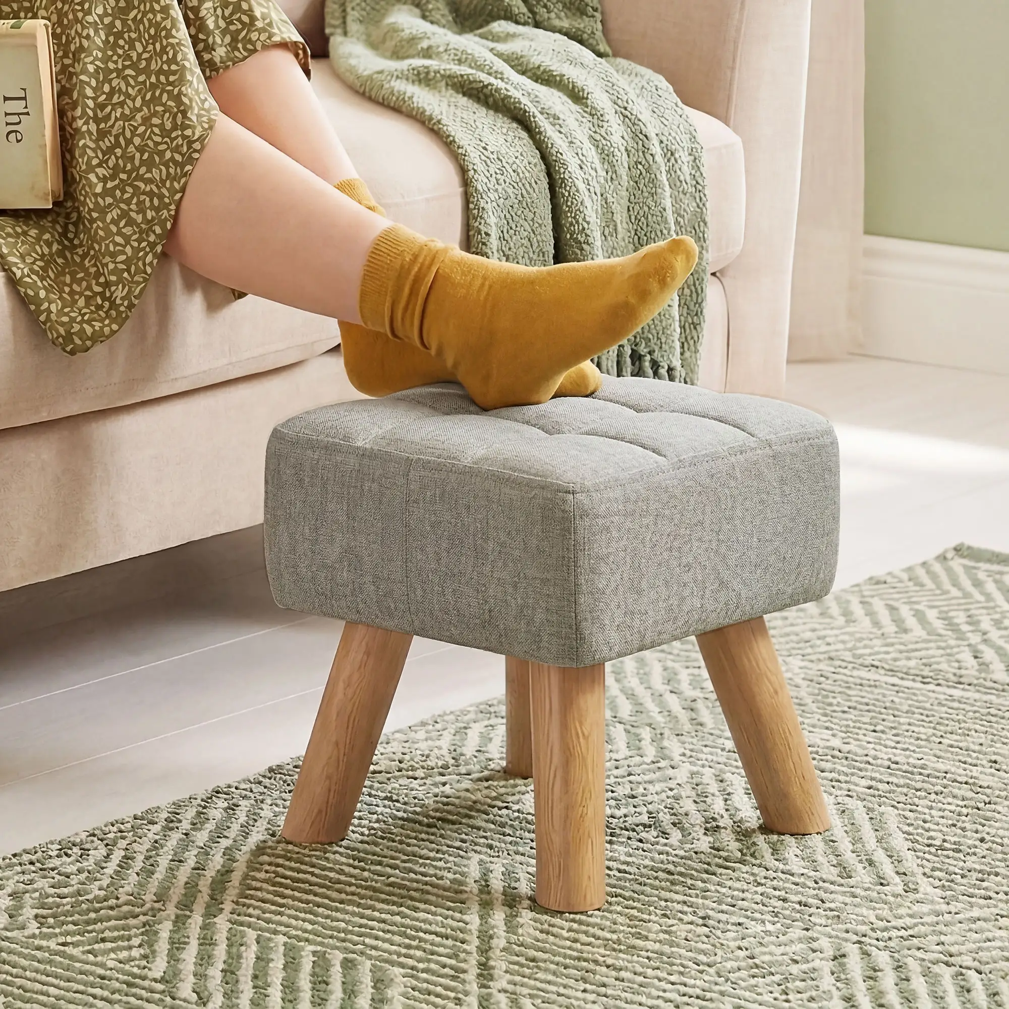 Square Linen Footstool 27 x 27 x 26cm - Light Brown - 10