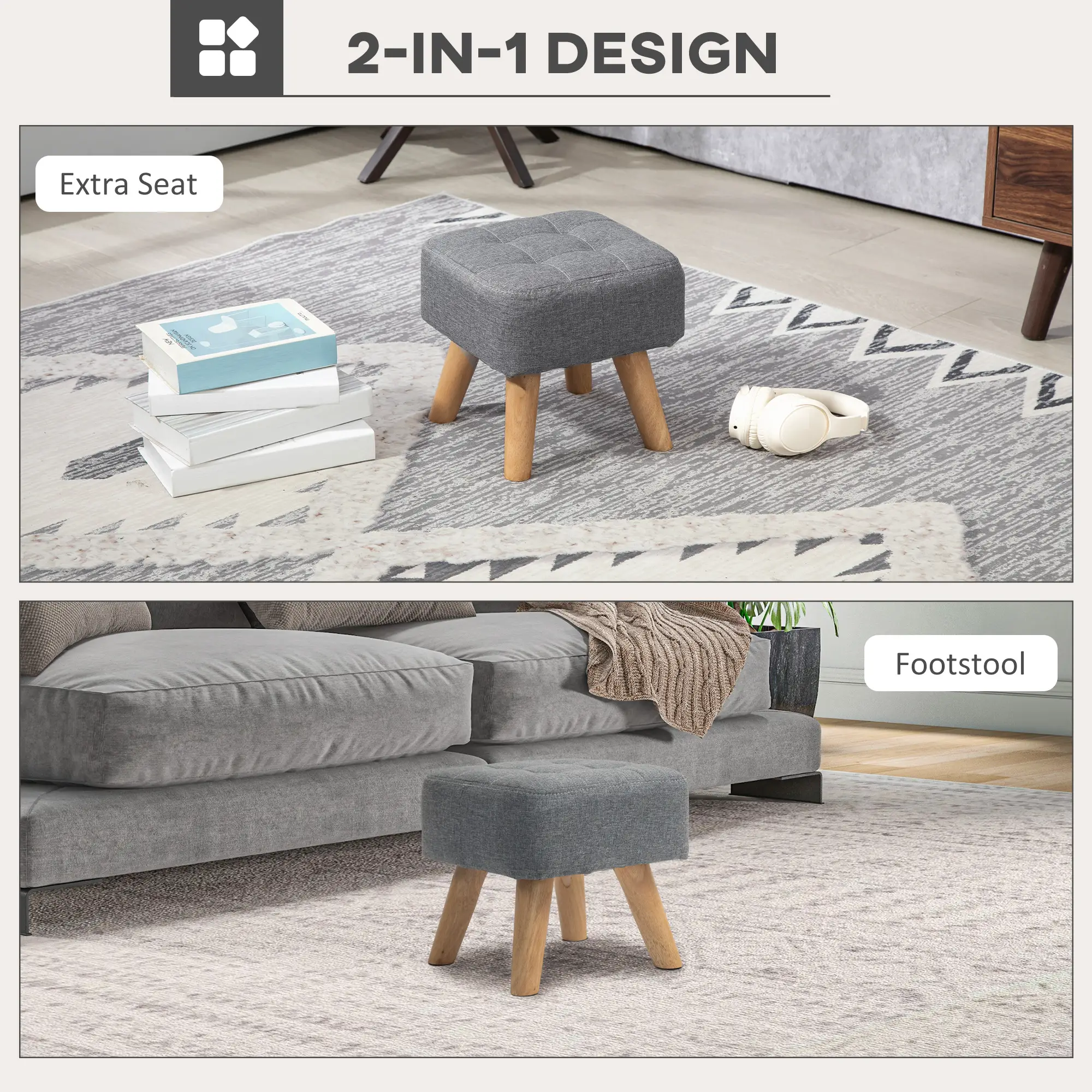 Square Linen Footstool 27 x 27 x 26cm - Grey - 4