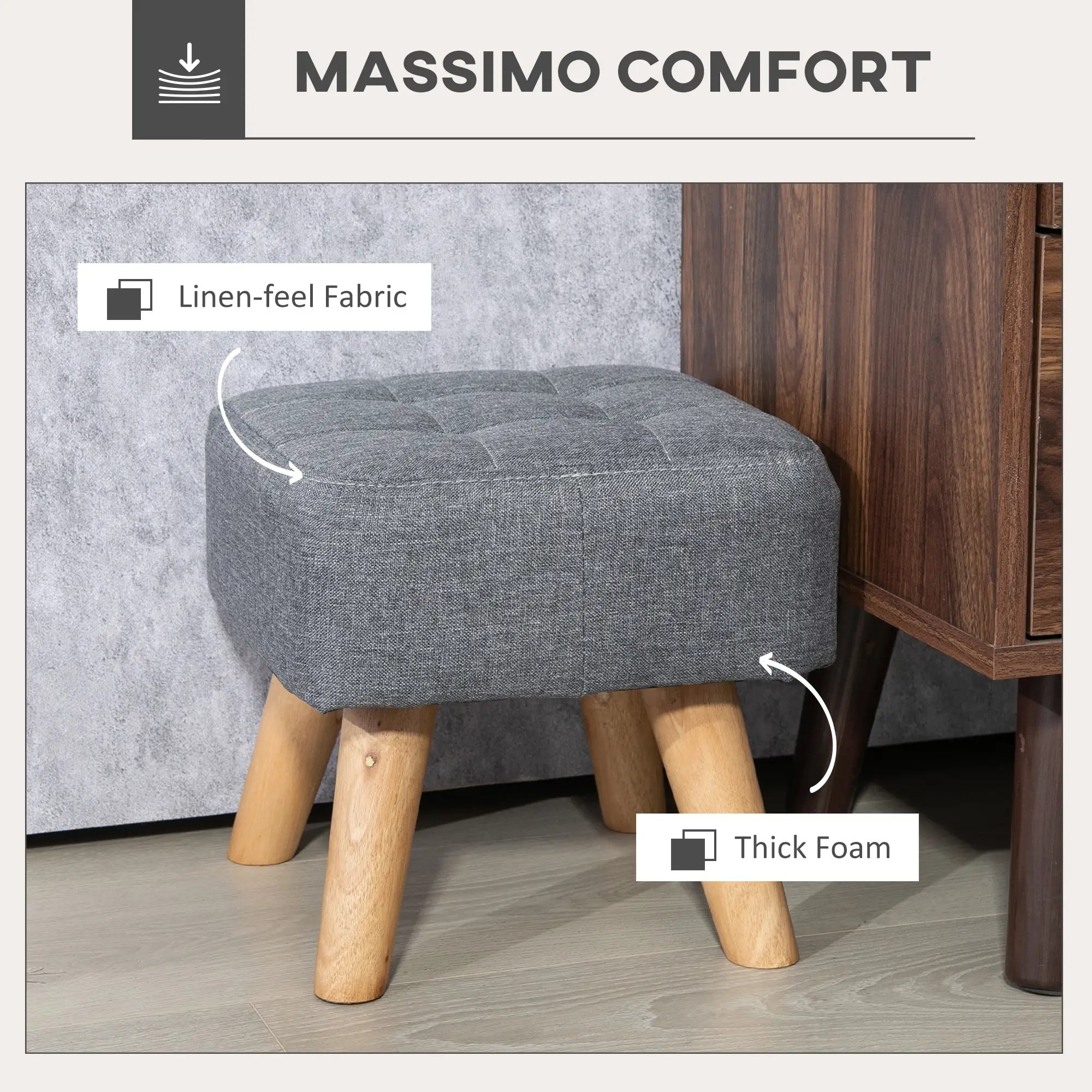 Square Linen Footstool 27 x 27 x 26cm - Grey - 5