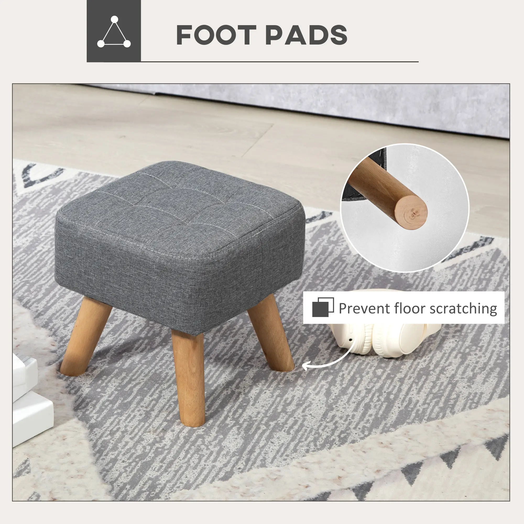 Square Linen Footstool 27 x 27 x 26cm - Grey - 6