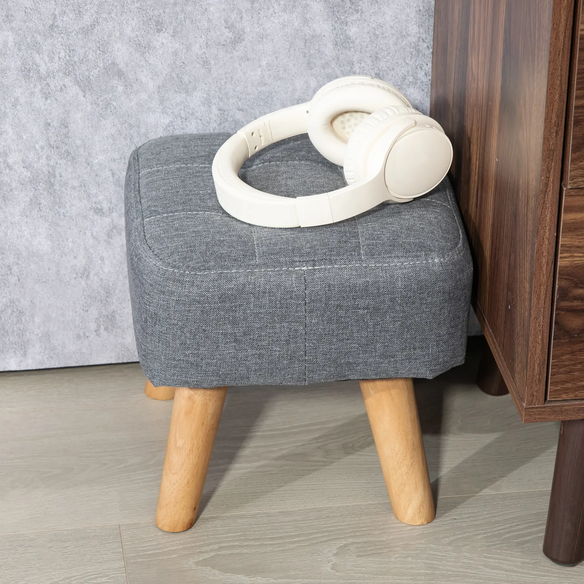 Square Linen Footstool 27 x 27 x 26cm - Grey - 7