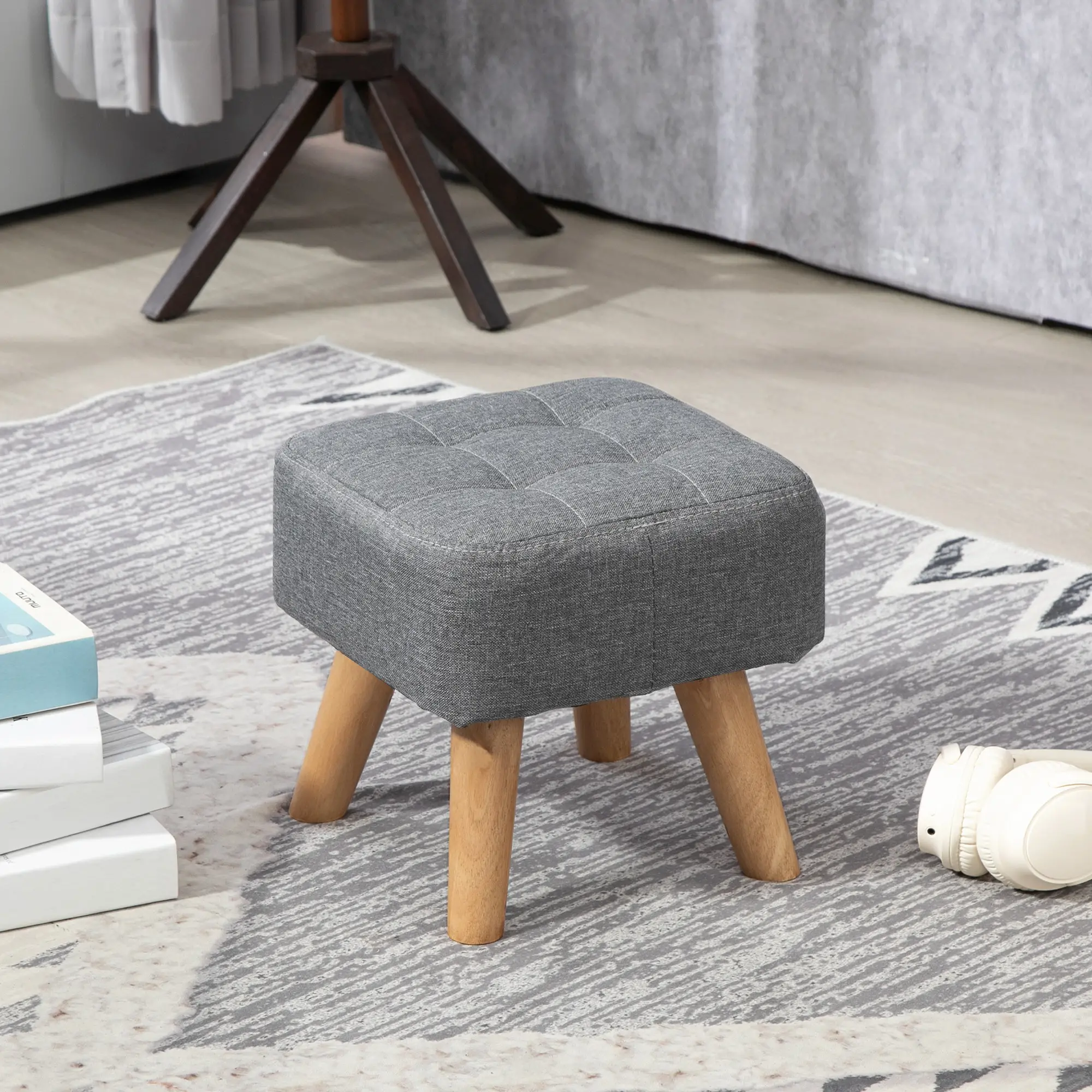 Square Linen Footstool 27 x 27 x 26cm - Grey - 10