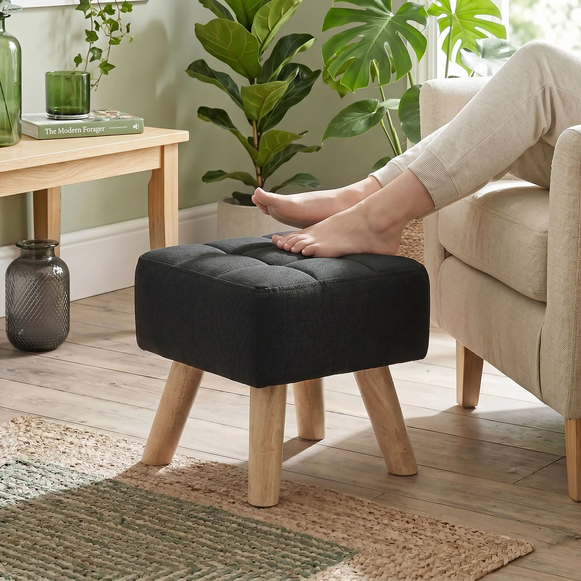 Square Linen Footstool 27 x 27 x 26cm - Black - 2