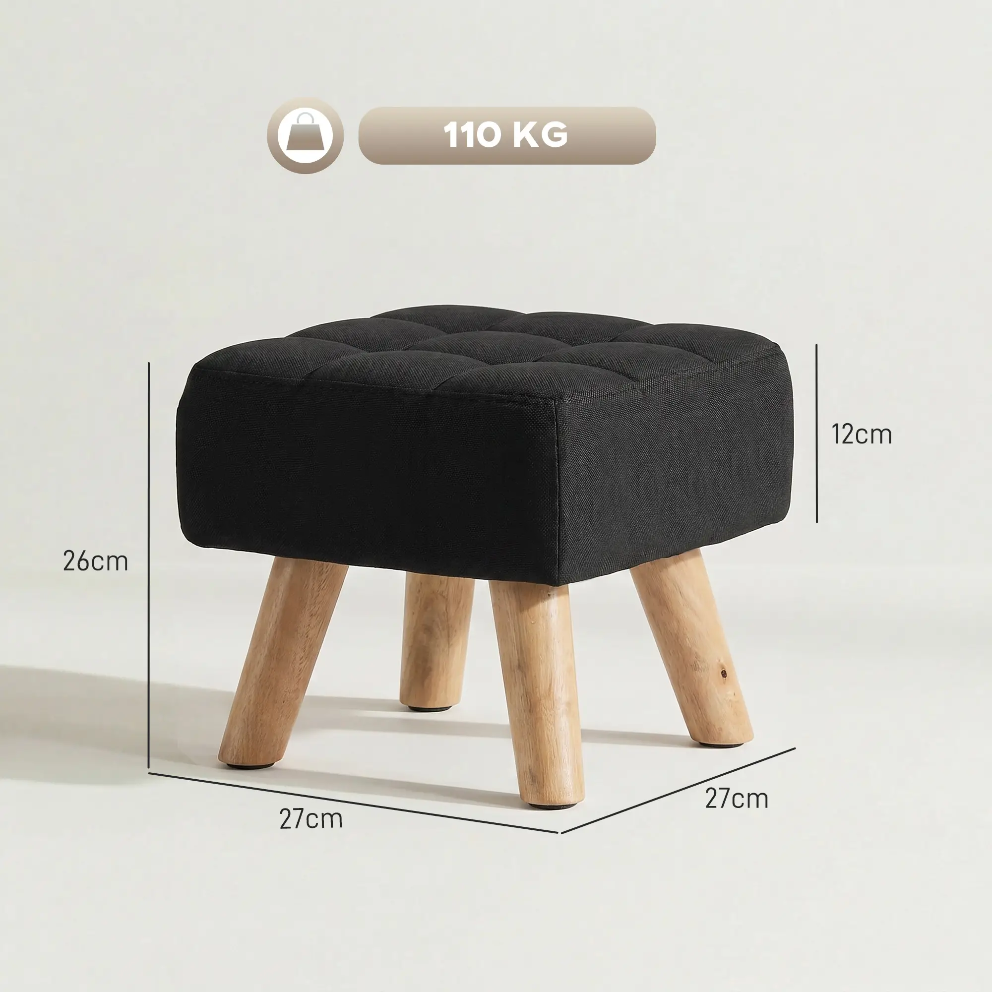 Square Linen Footstool 27 x 27 x 26cm - Black - 3