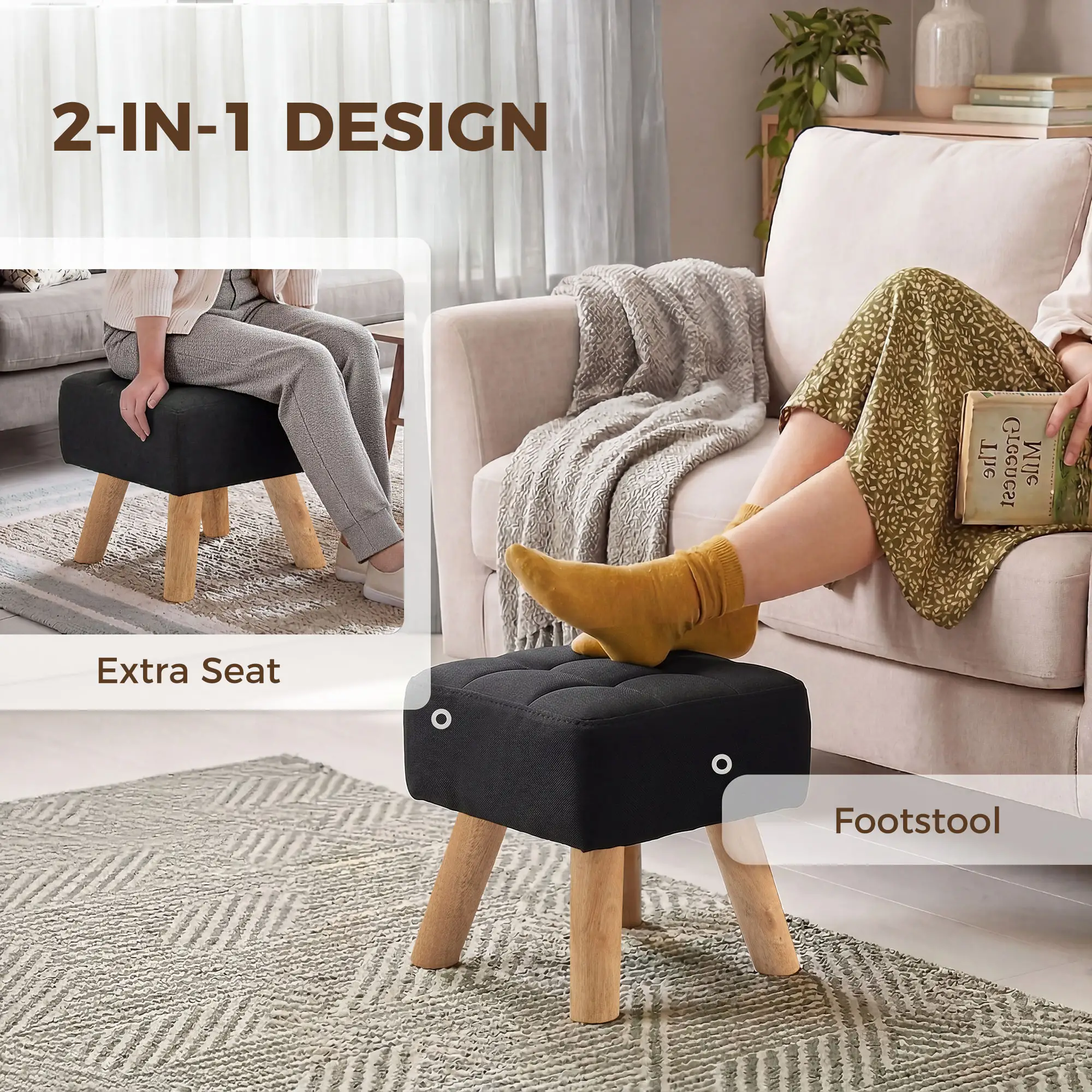 Square Linen Footstool 27 x 27 x 26cm - Black - 4