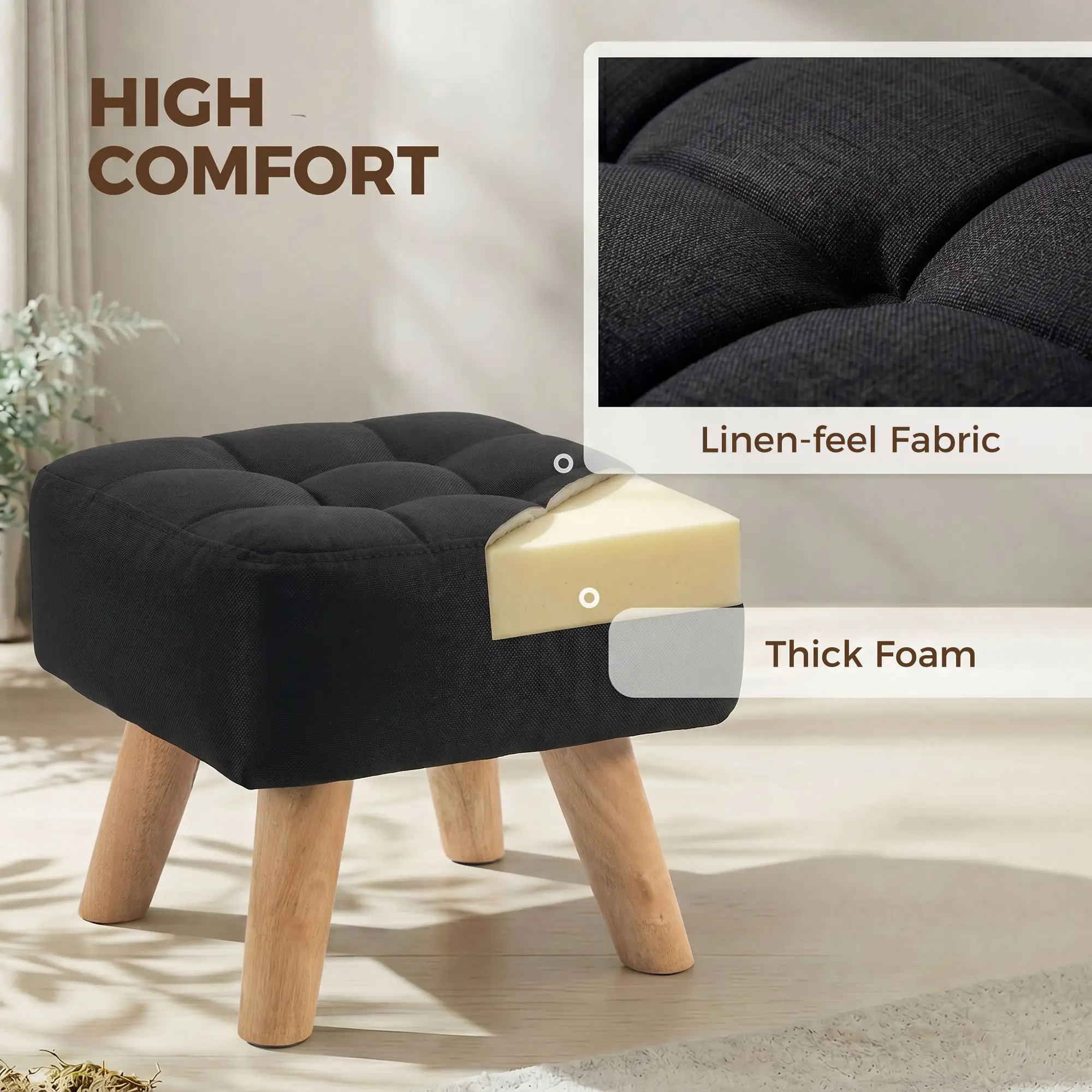 Square Linen Footstool 27 x 27 x 26cm - Black - 5