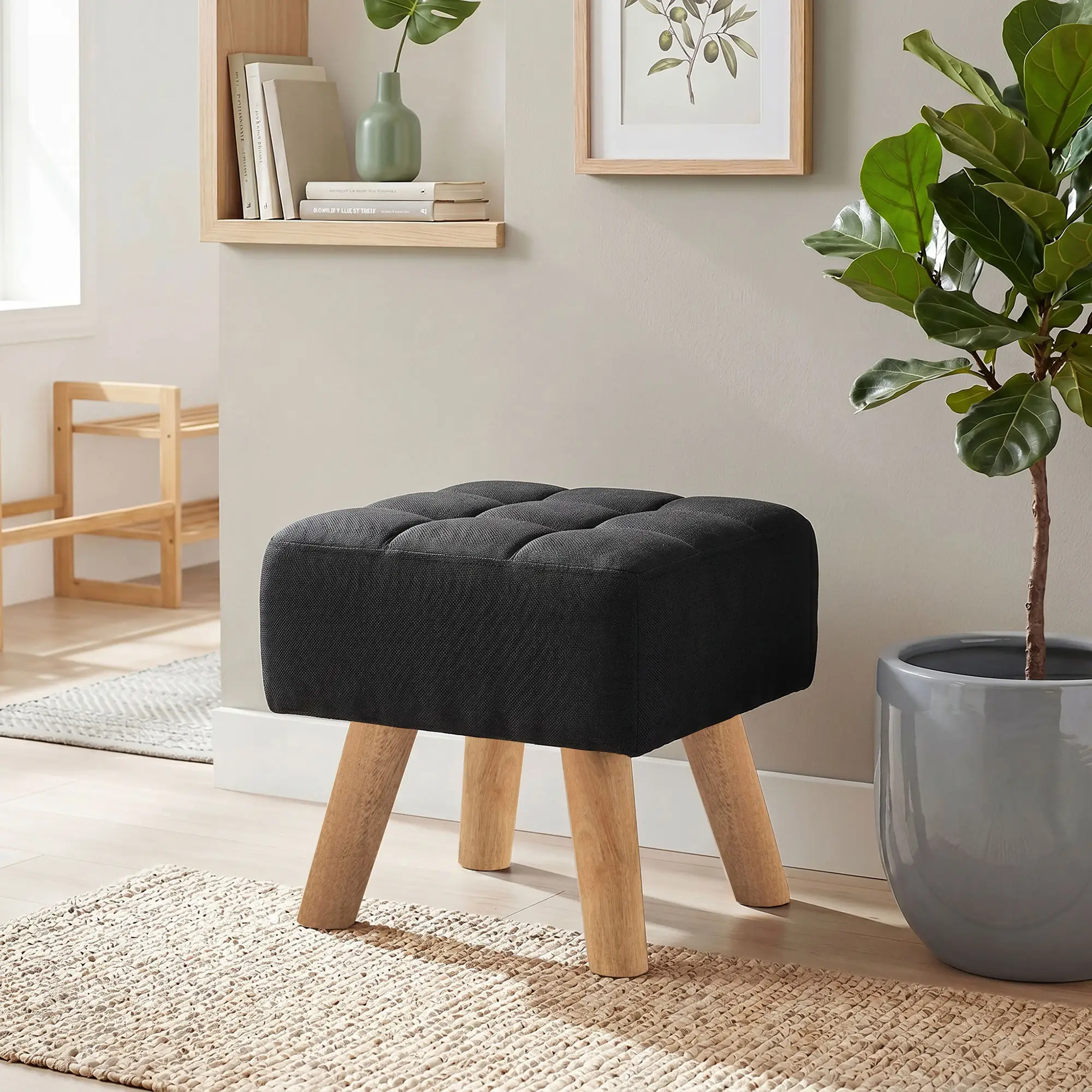 Square Linen Footstool 27 x 27 x 26cm - Black - 8