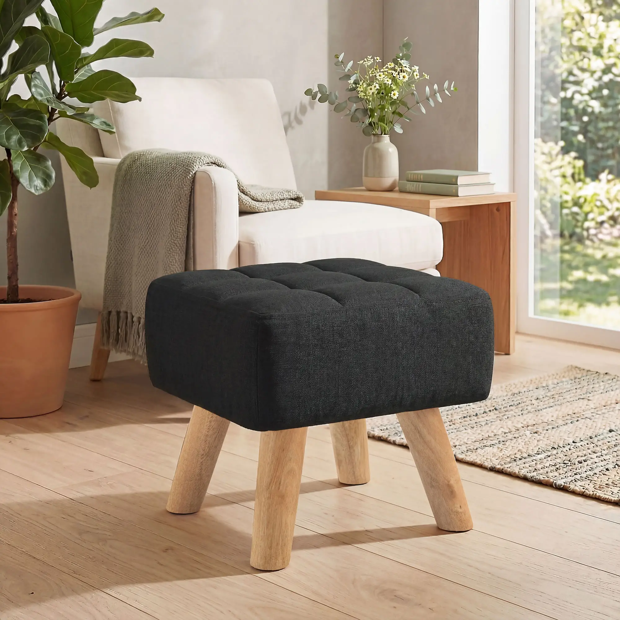 Square Linen Footstool 27 x 27 x 26cm - Black - 9