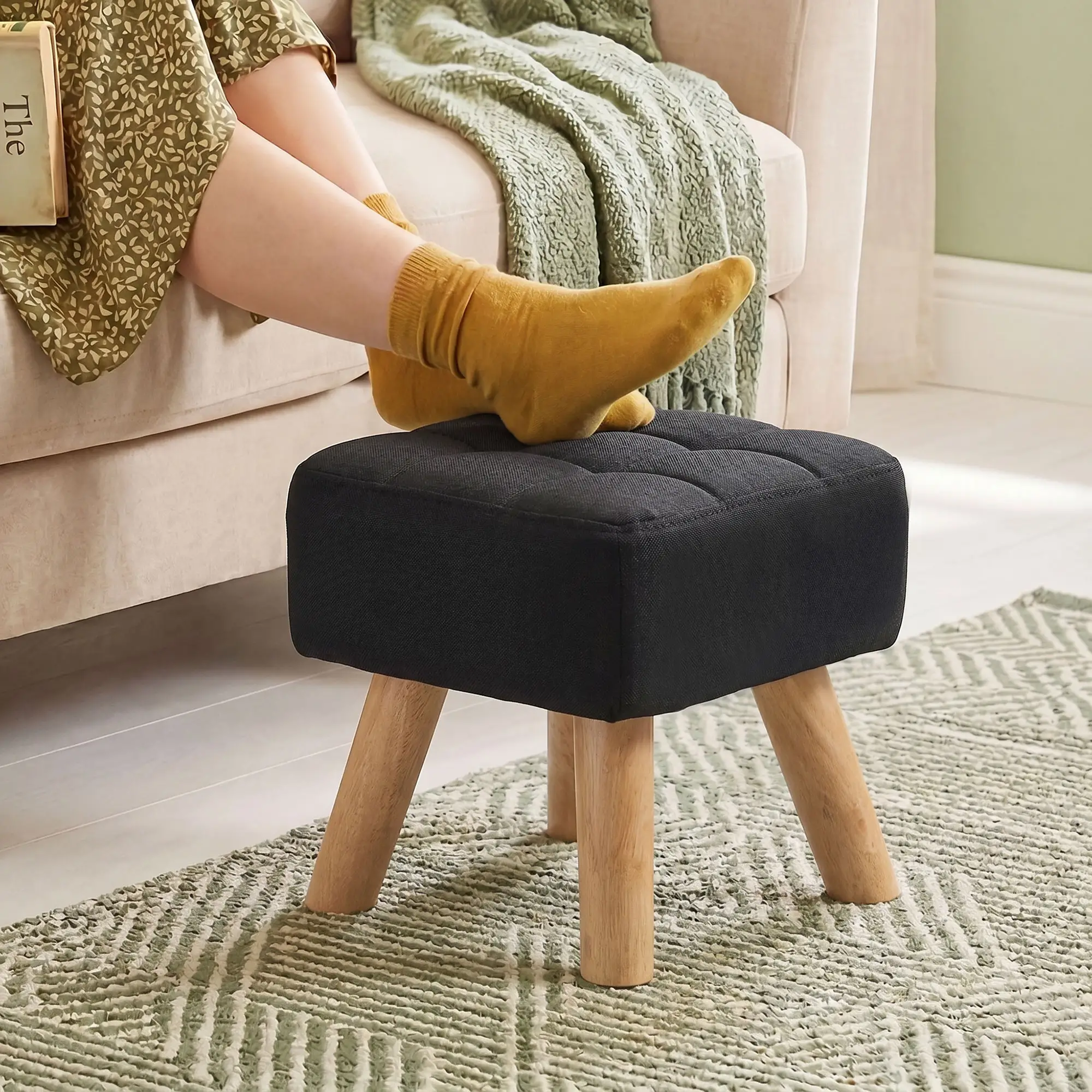 Square Linen Footstool 27 x 27 x 26cm - Black - 10