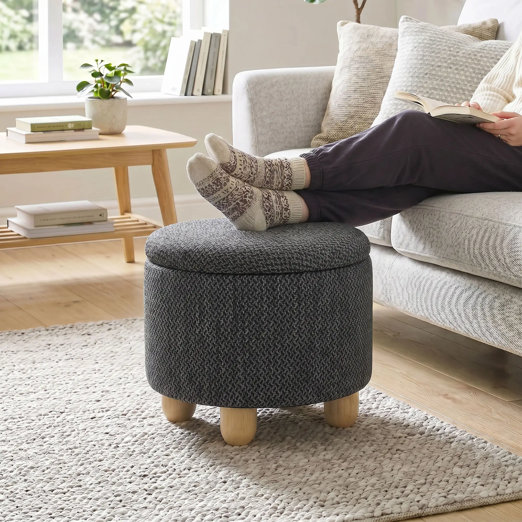 Round Storage Ottoman 38.5 x 33.5cm - Dark Grey - 2