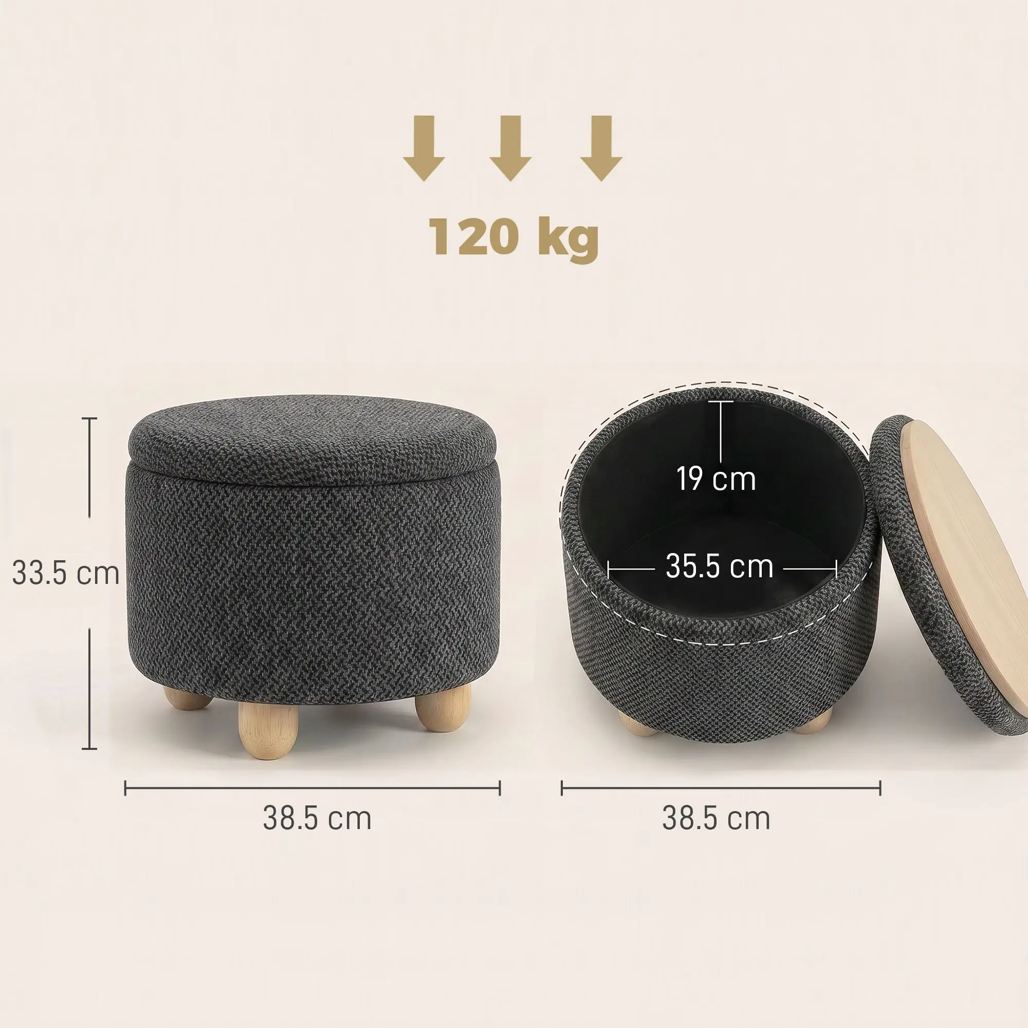 Round Storage Ottoman 38.5 x 33.5cm - Dark Grey - 3