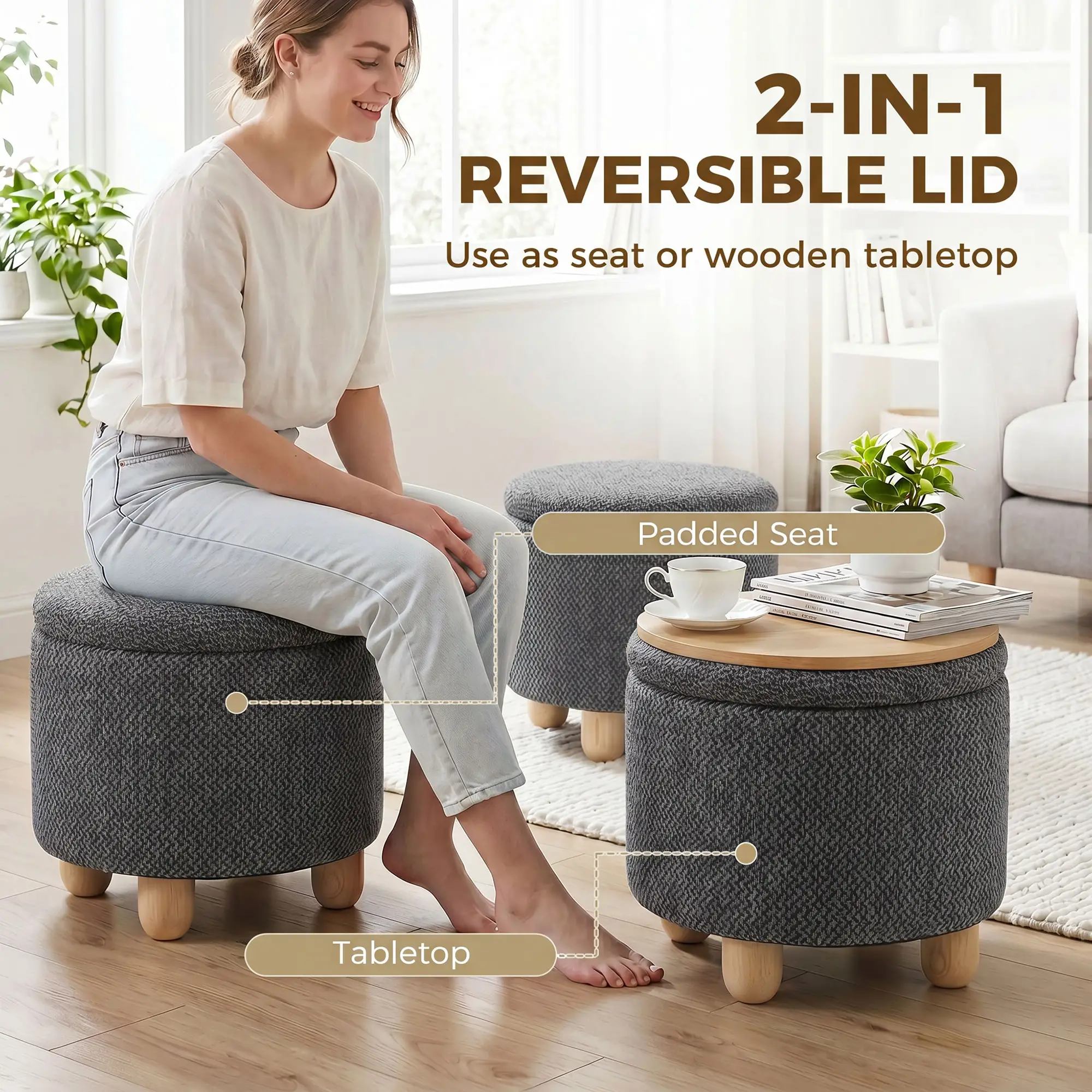 Round Storage Ottoman 38.5 x 33.5cm - Dark Grey - 4