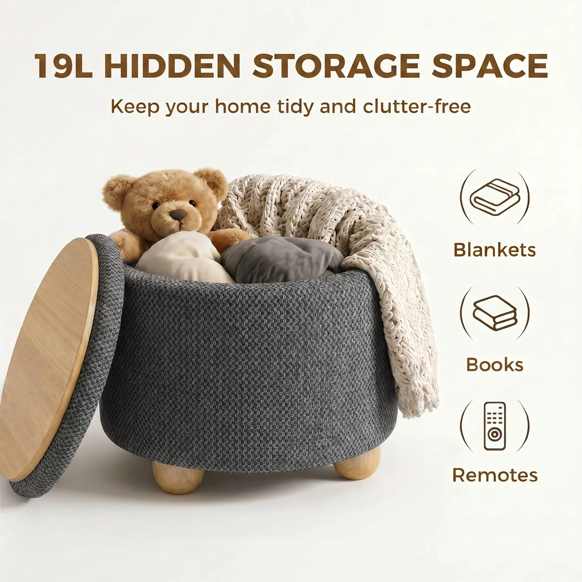 Round Storage Ottoman 38.5 x 33.5cm - Dark Grey - 5