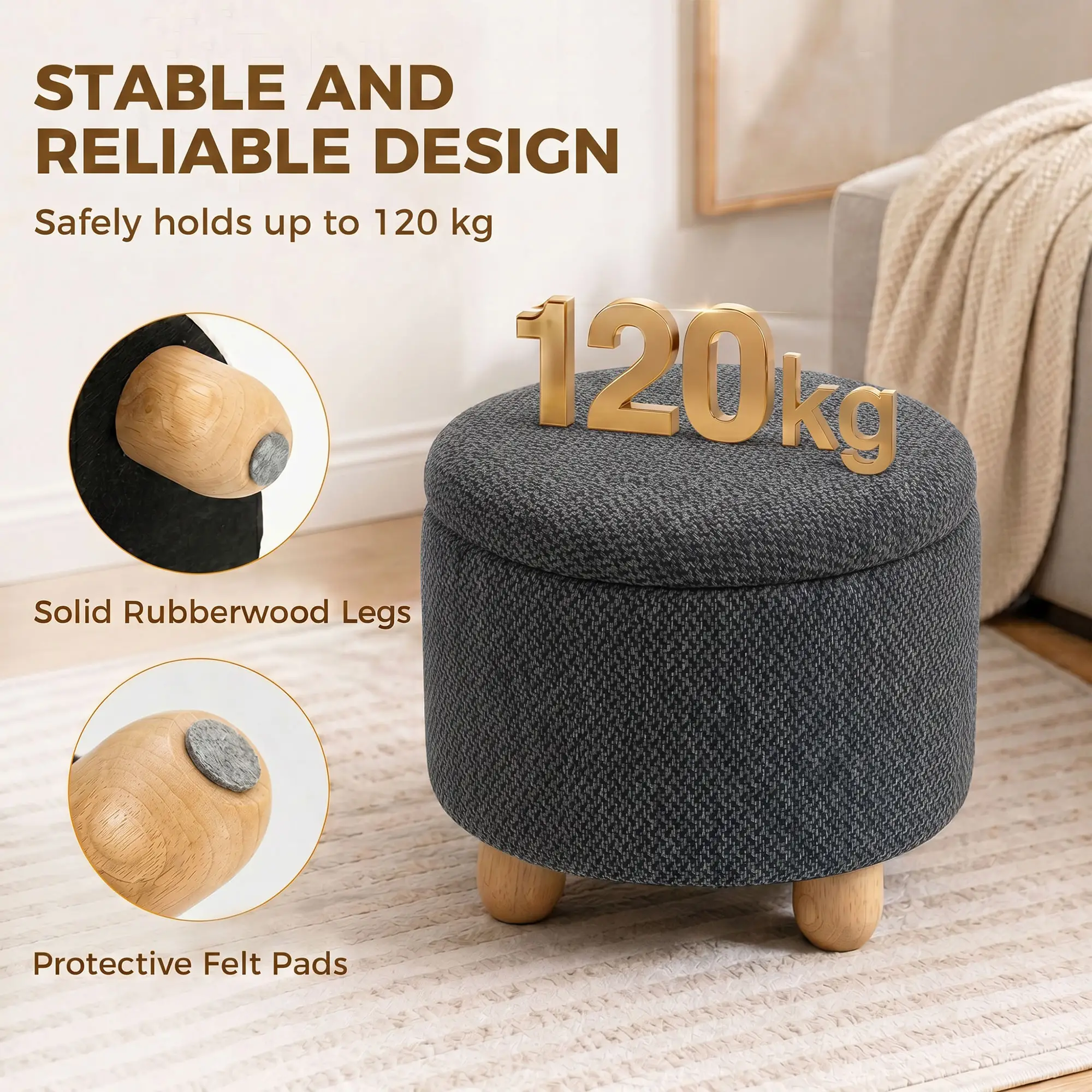 Round Storage Ottoman 38.5 x 33.5cm - Dark Grey - 7