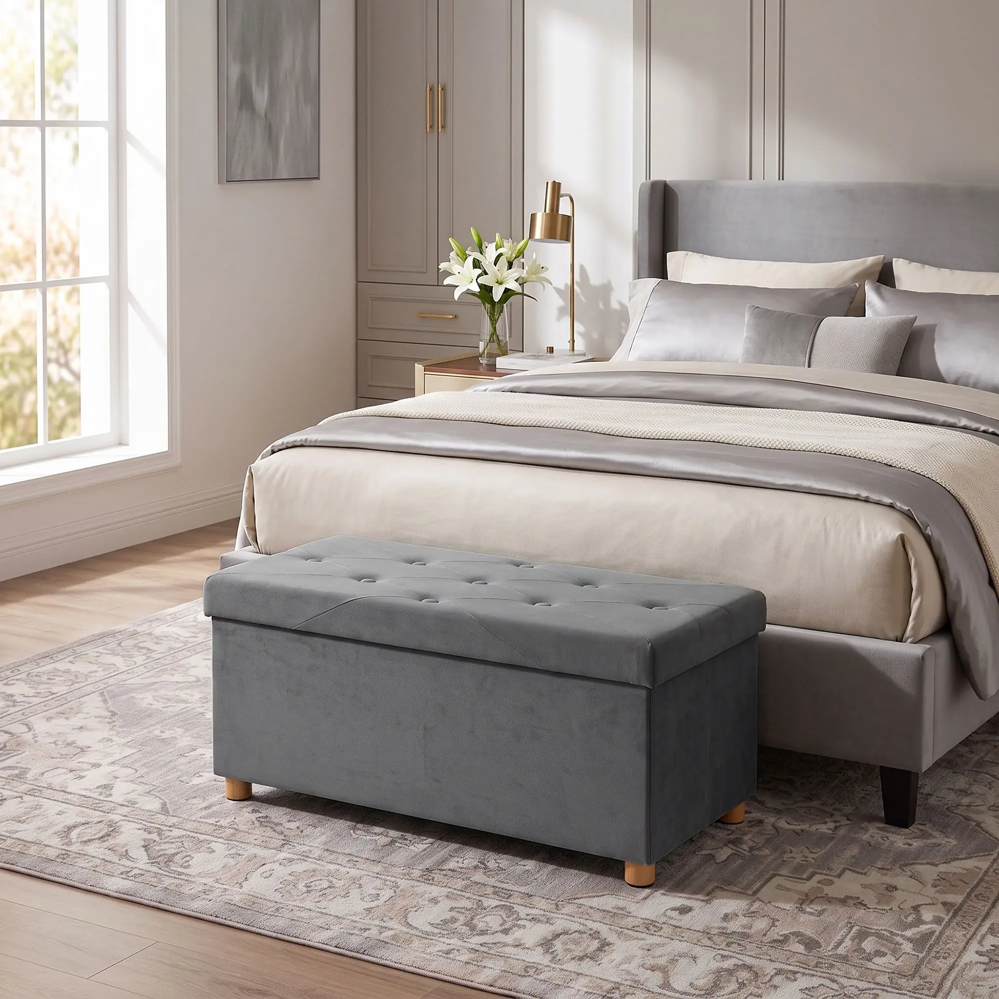 Velvet Storage Ottoman Bench 76 x 38 x 38cm - Grey - 2