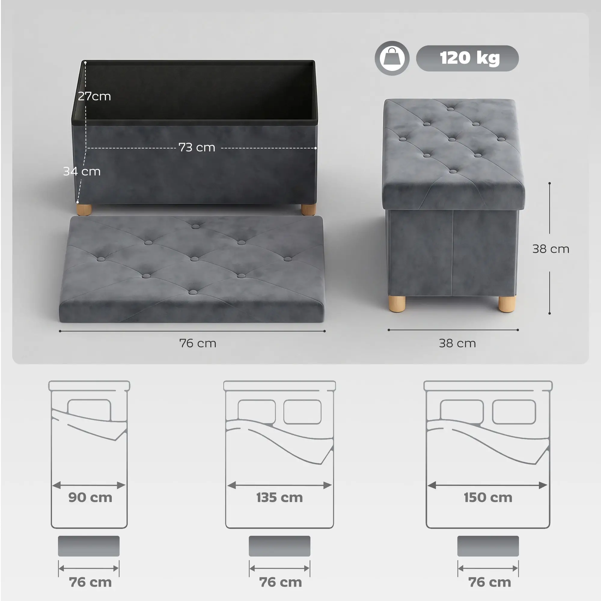 Velvet Storage Ottoman Bench 76 x 38 x 38cm - Grey - 3