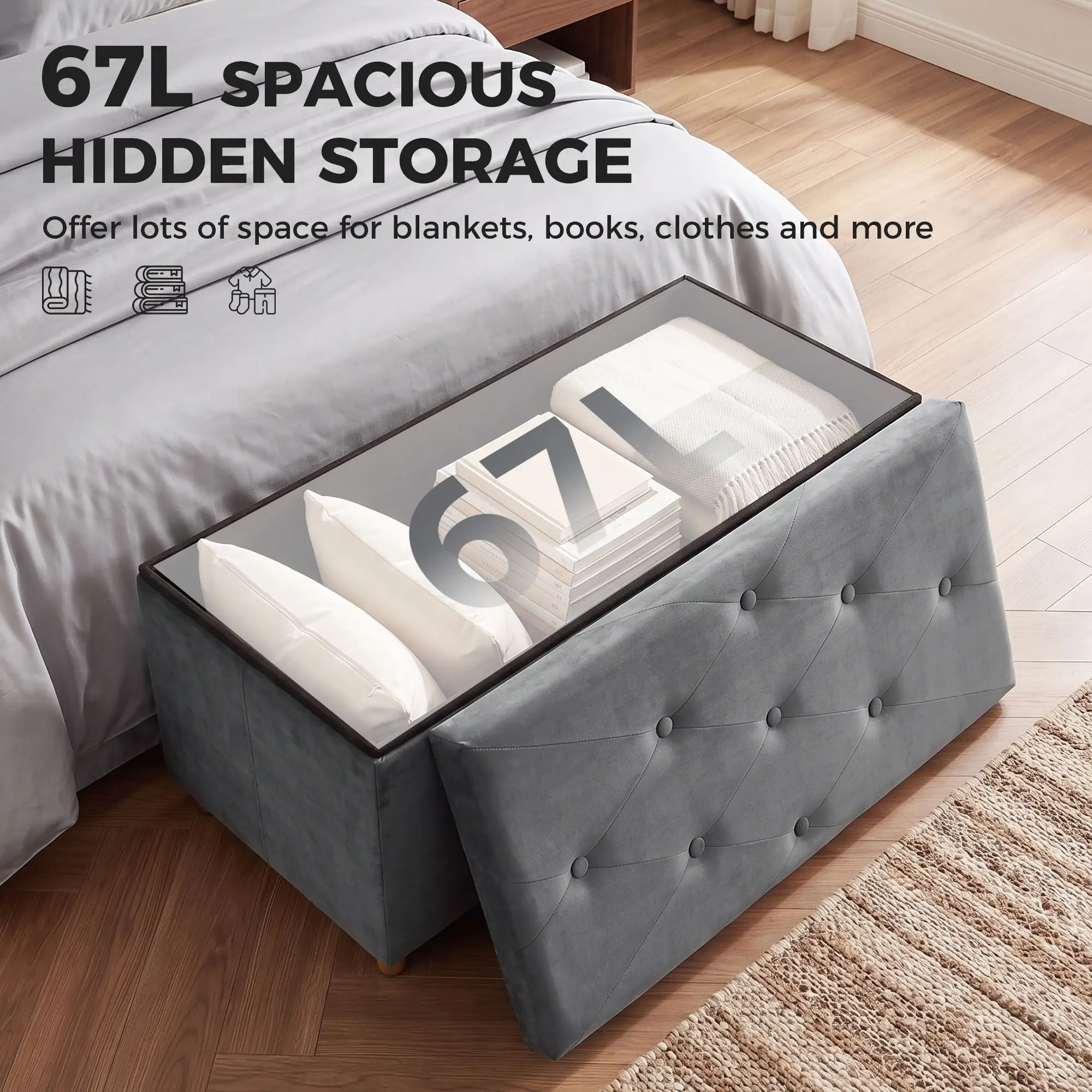 Velvet Storage Ottoman Bench 76 x 38 x 38cm - Grey - 4
