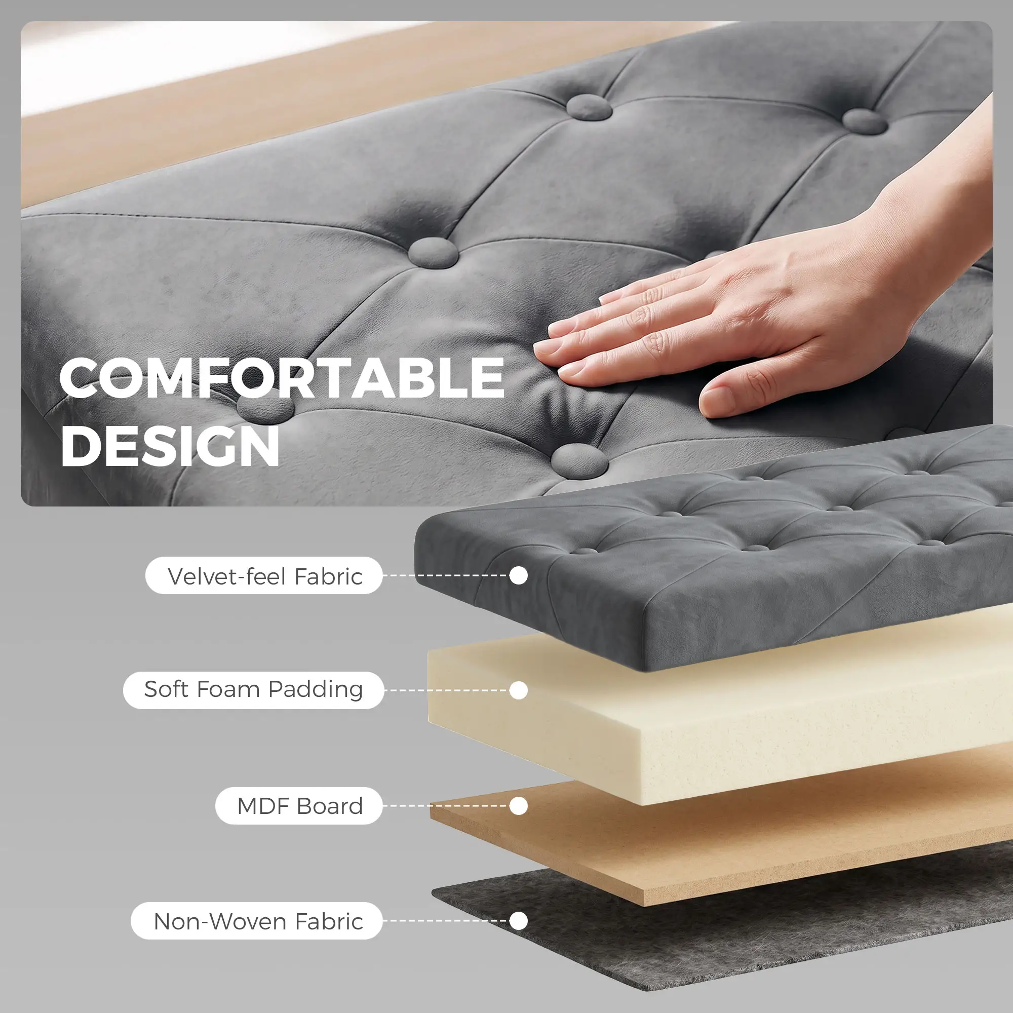 Velvet Storage Ottoman Bench 76 x 38 x 38cm - Grey - 5