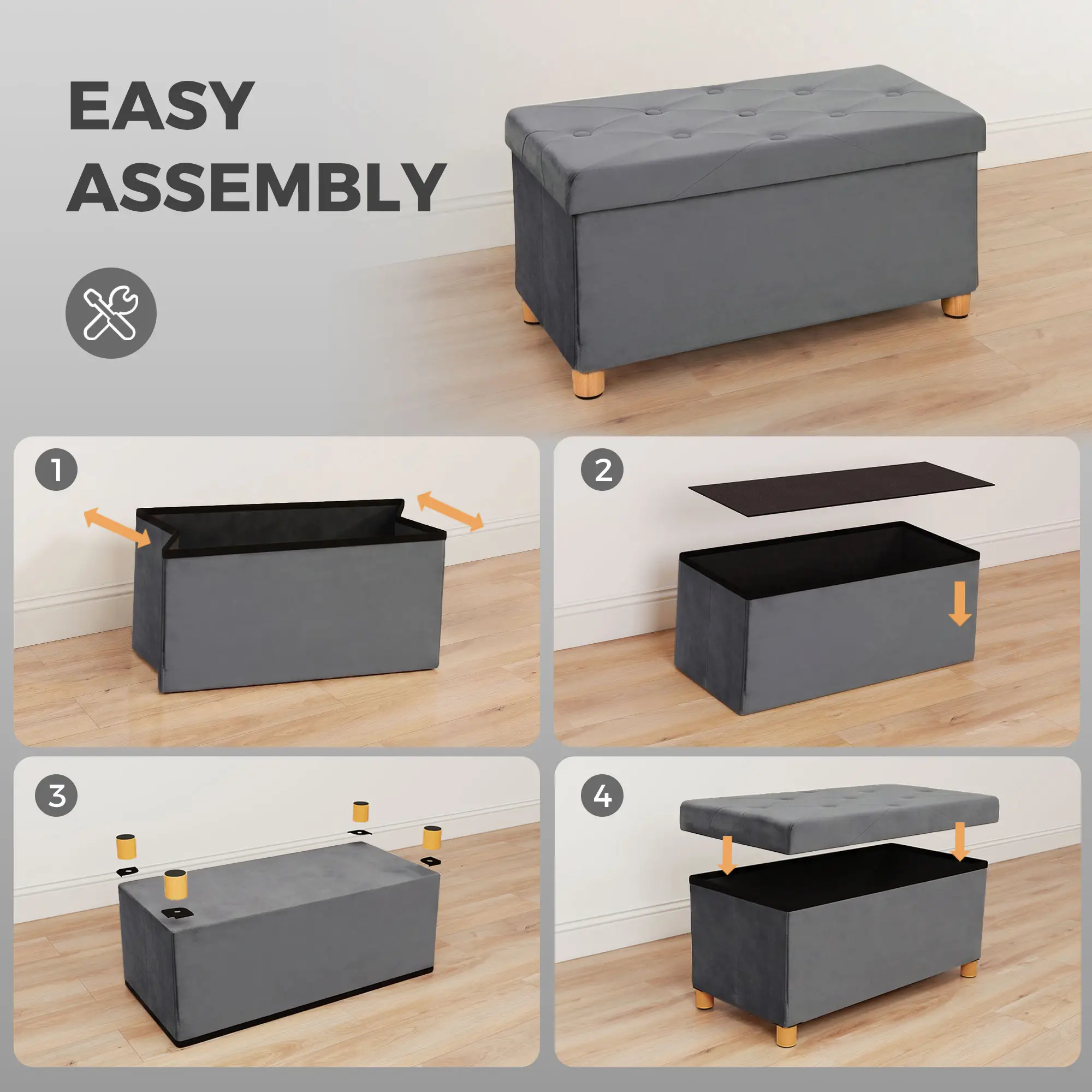Velvet Storage Ottoman Bench 76 x 38 x 38cm - Grey - 6