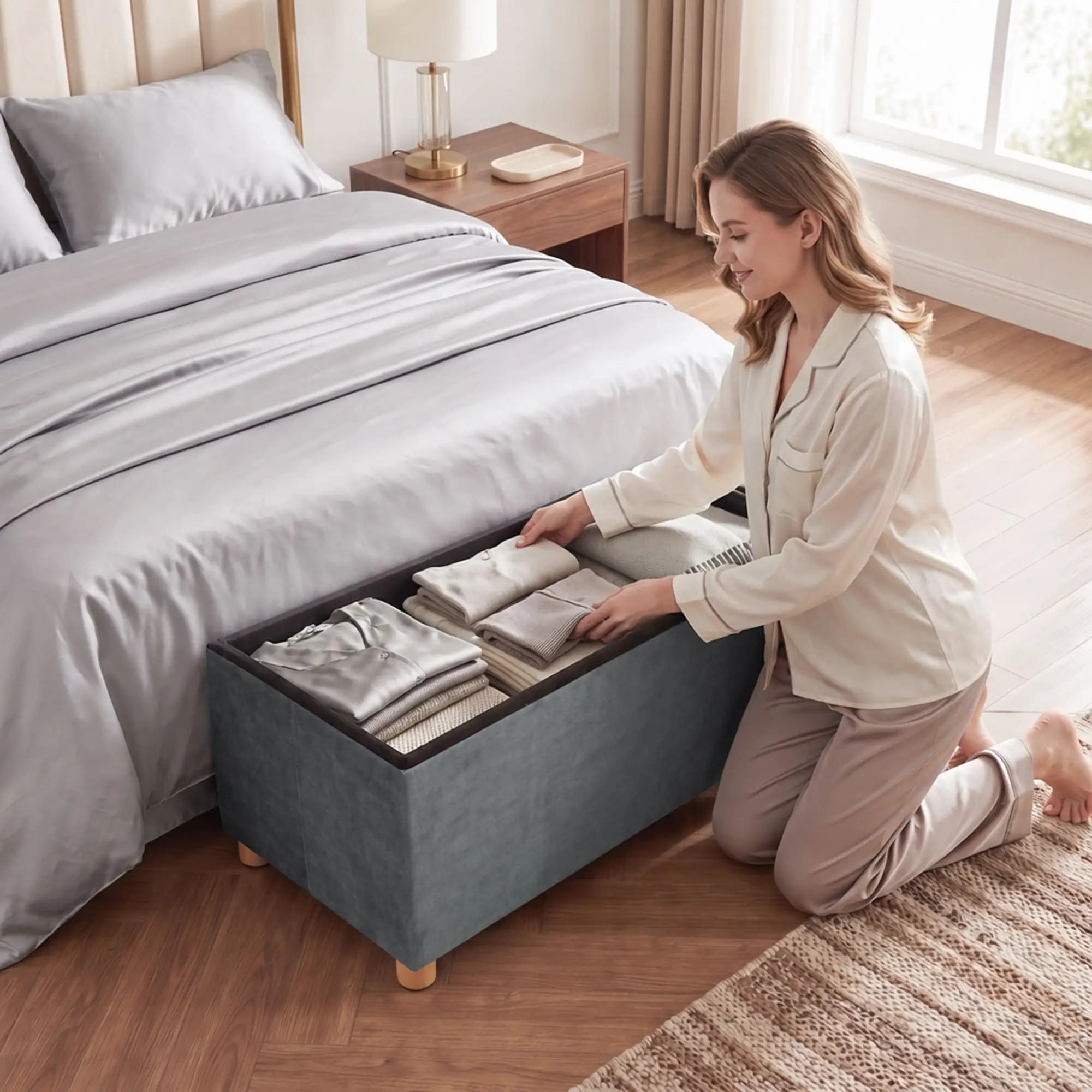 Velvet Storage Ottoman Bench 76 x 38 x 38cm - Grey - 8