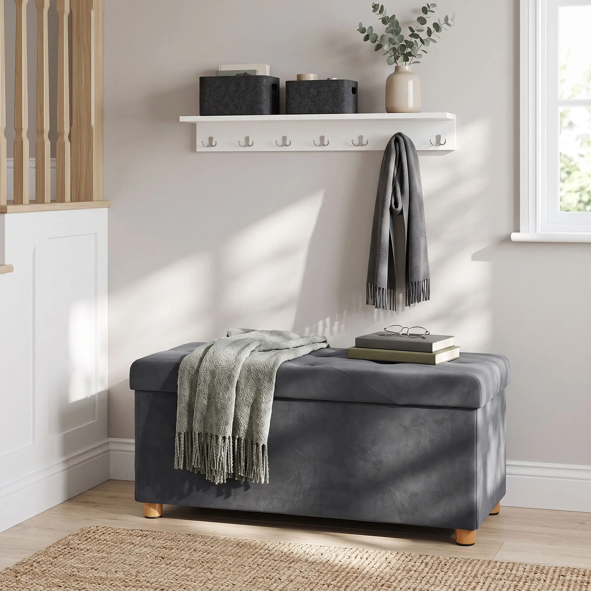 Velvet Storage Ottoman Bench 76 x 38 x 38cm - Grey - 9
