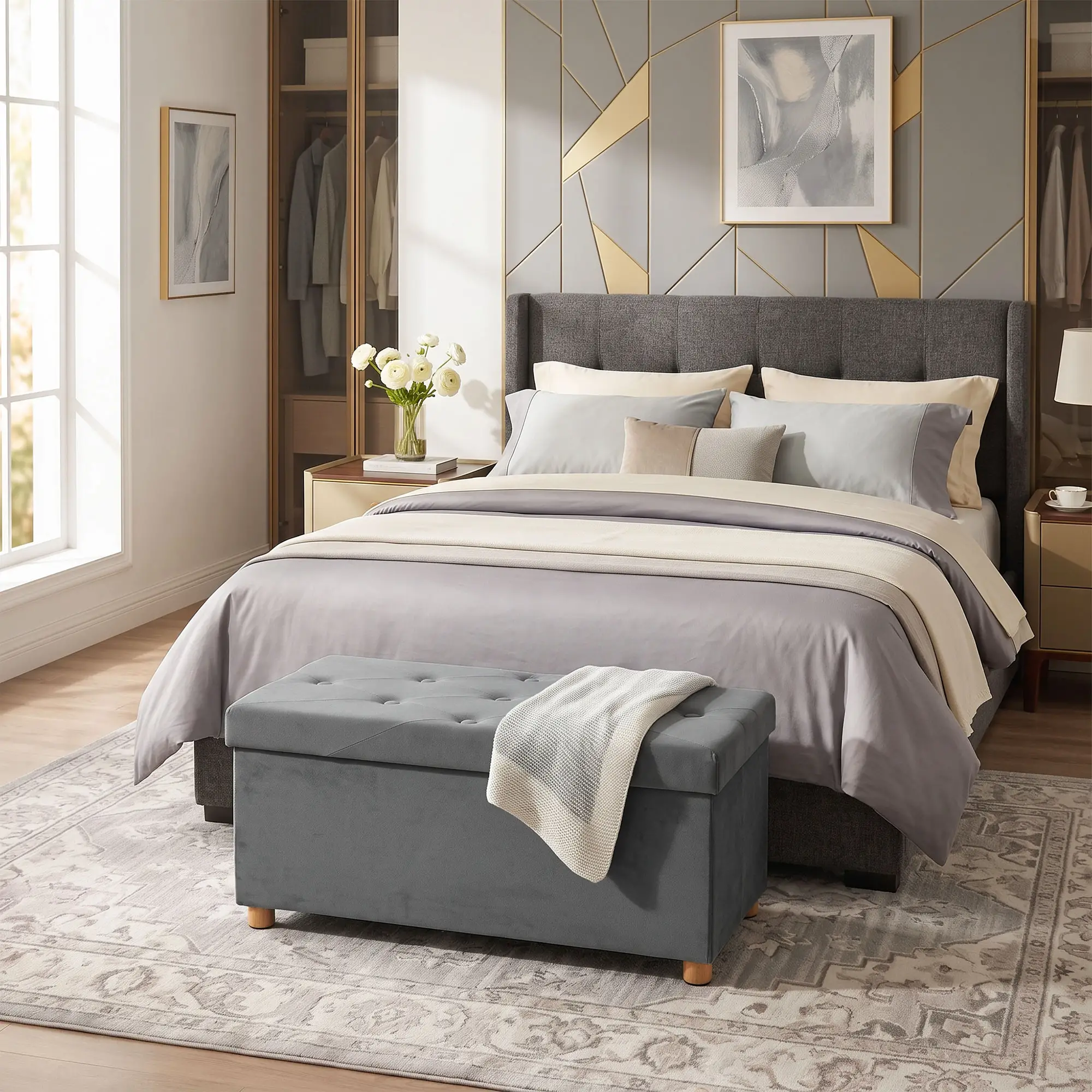 Velvet Storage Ottoman Bench 76 x 38 x 38cm - Grey - 14