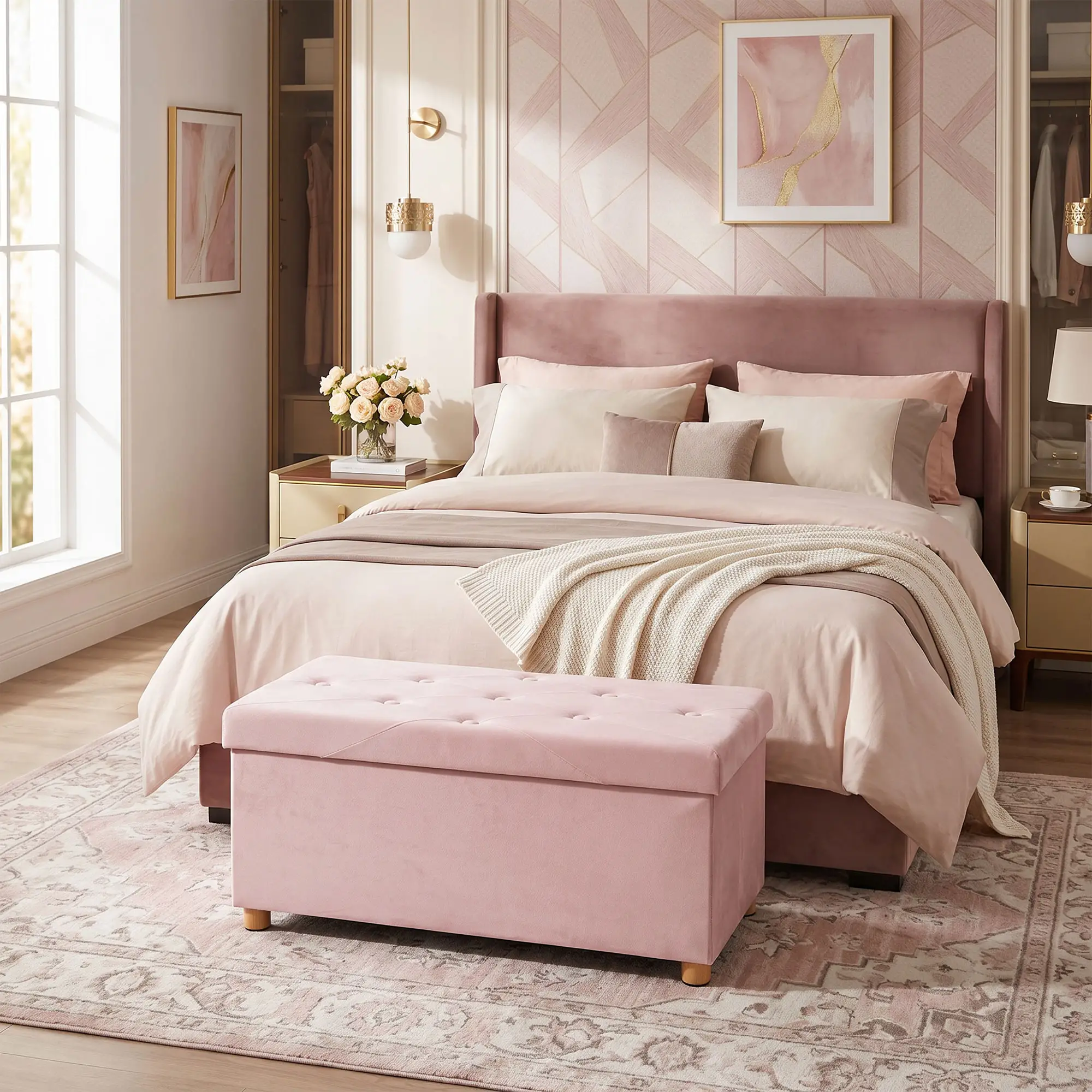 Velvet Storage Ottoman Bench 76 x 38 x 38cm - Pink - 2