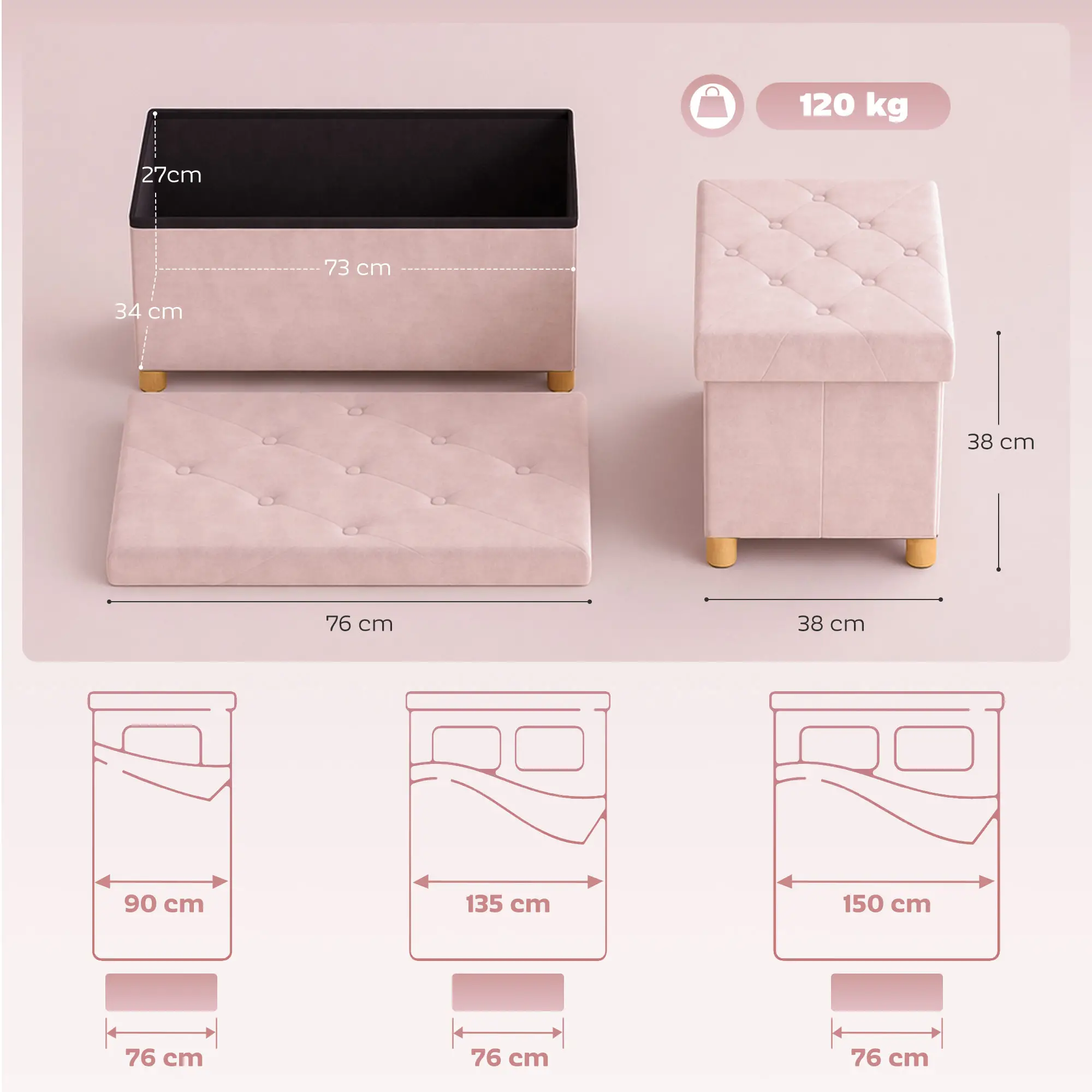 Velvet Storage Ottoman Bench 76 x 38 x 38cm - Pink - 3