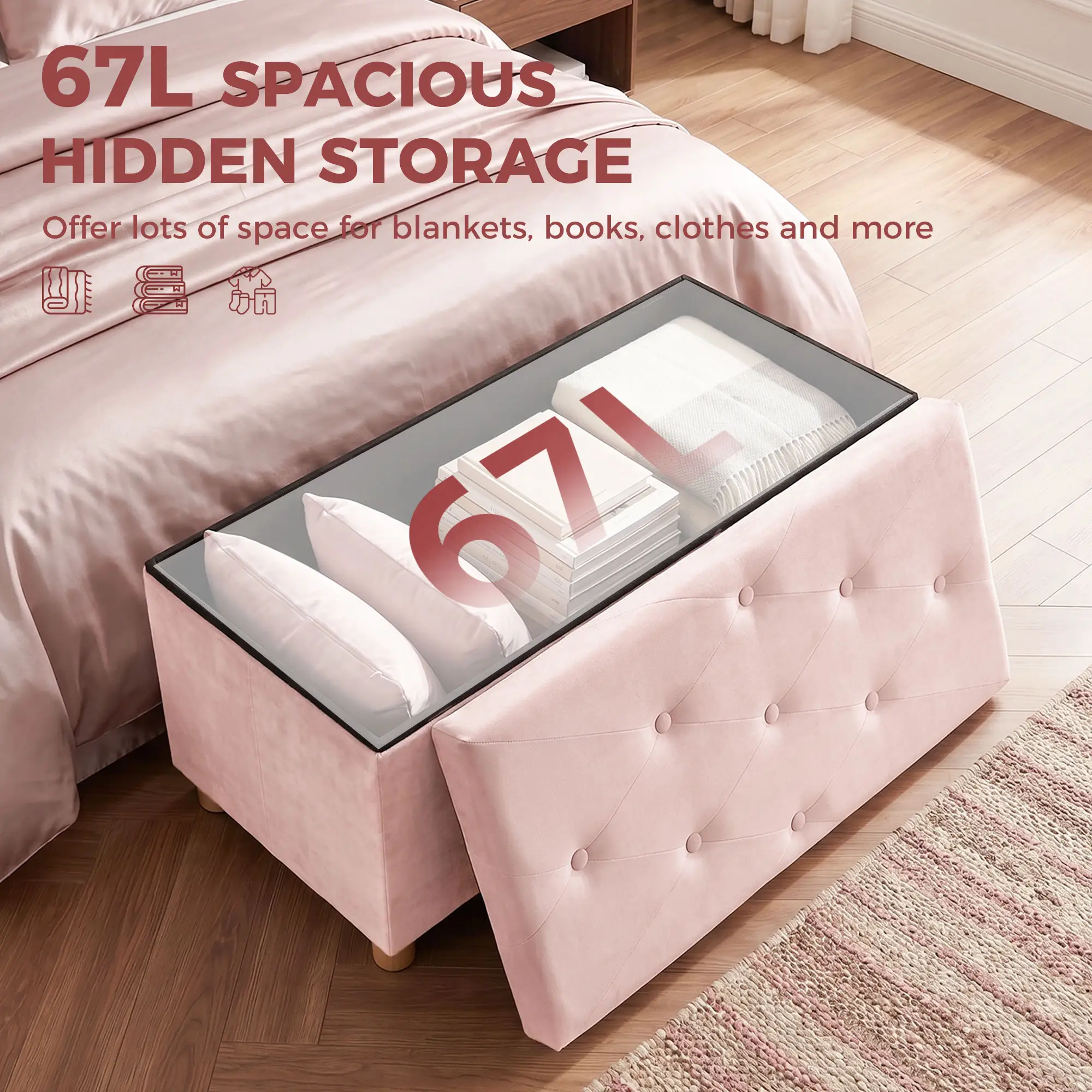 Velvet Storage Ottoman Bench 76 x 38 x 38cm - Pink - 4