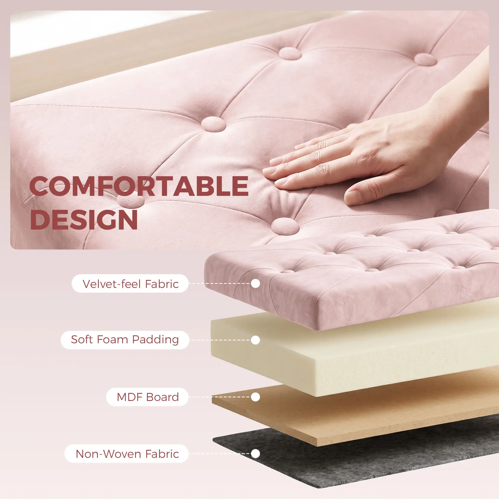 Velvet Storage Ottoman Bench 76 x 38 x 38cm - Pink - 5
