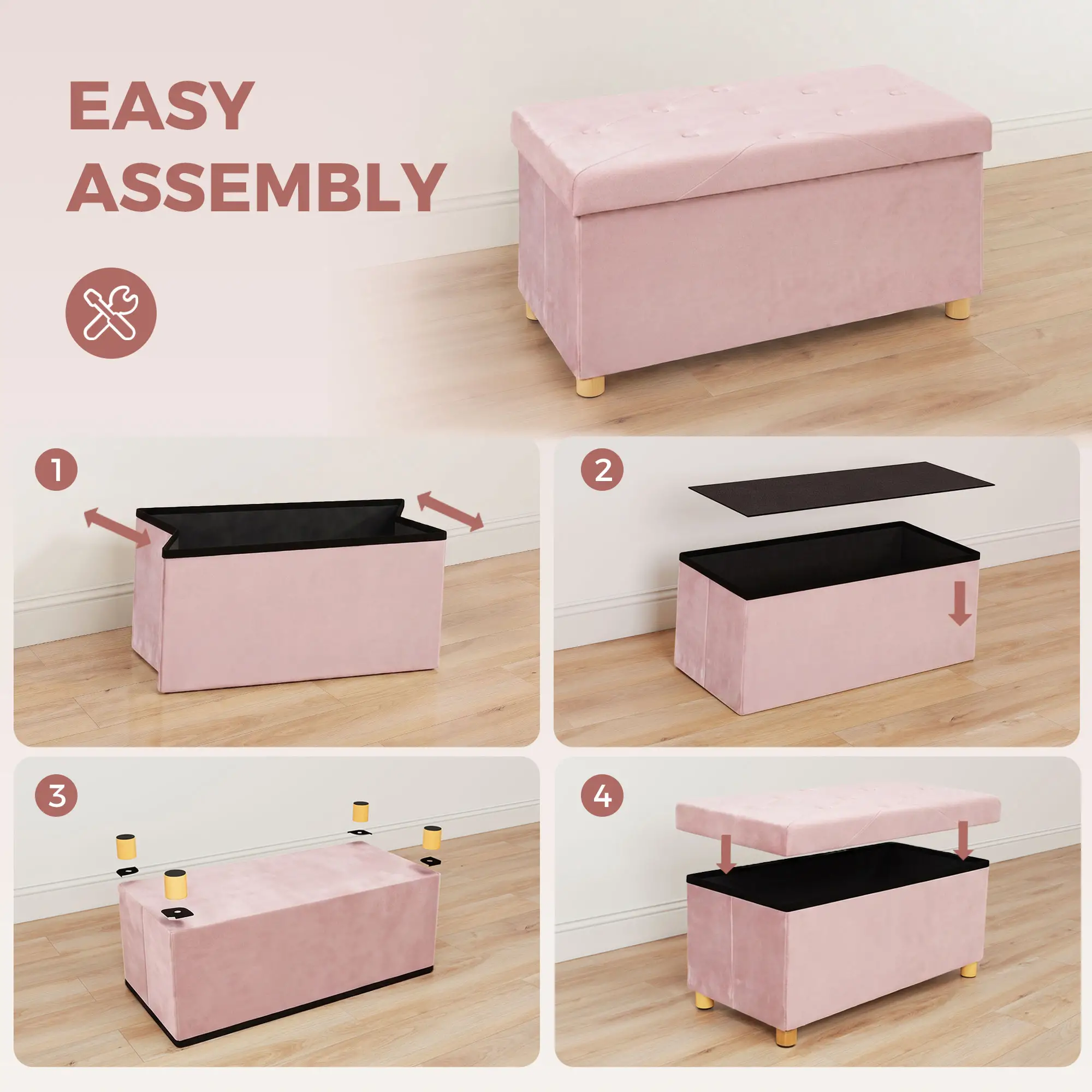 Velvet Storage Ottoman Bench 76 x 38 x 38cm - Pink - 6