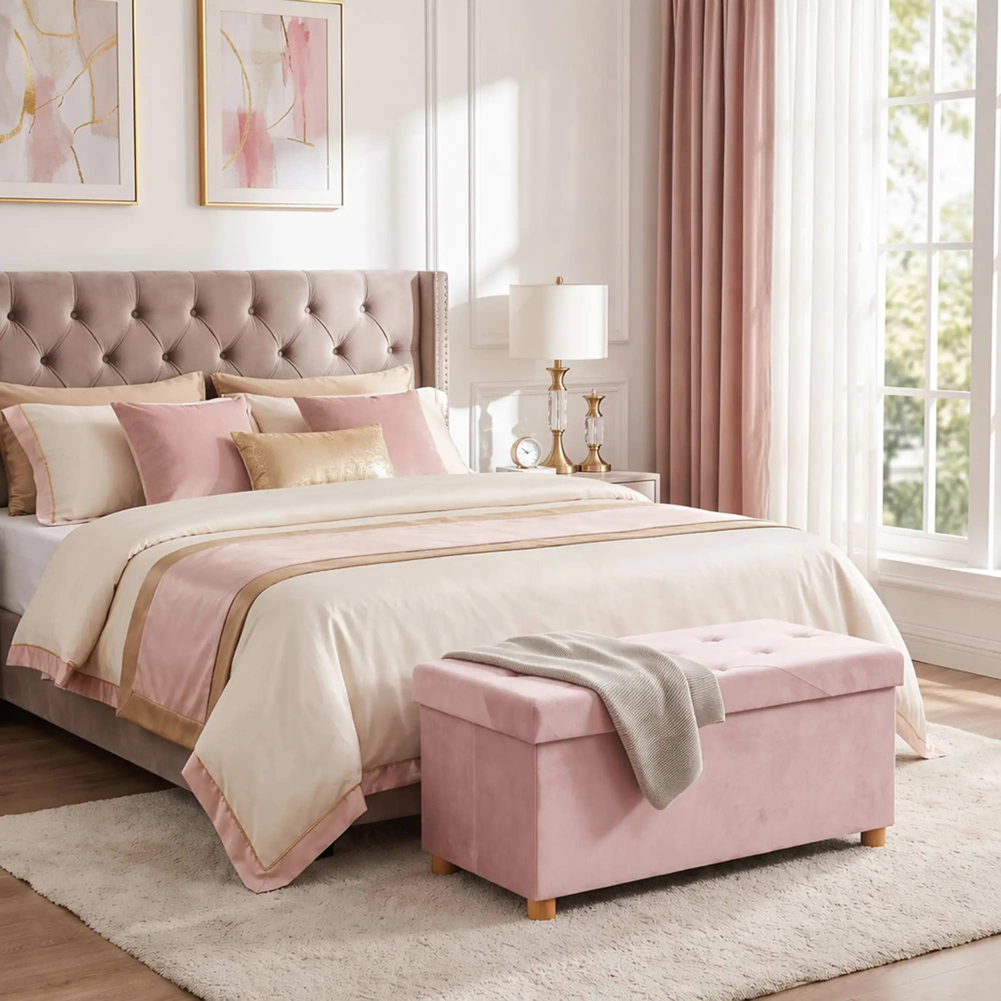 Velvet Storage Ottoman Bench 76 x 38 x 38cm - Pink - 14