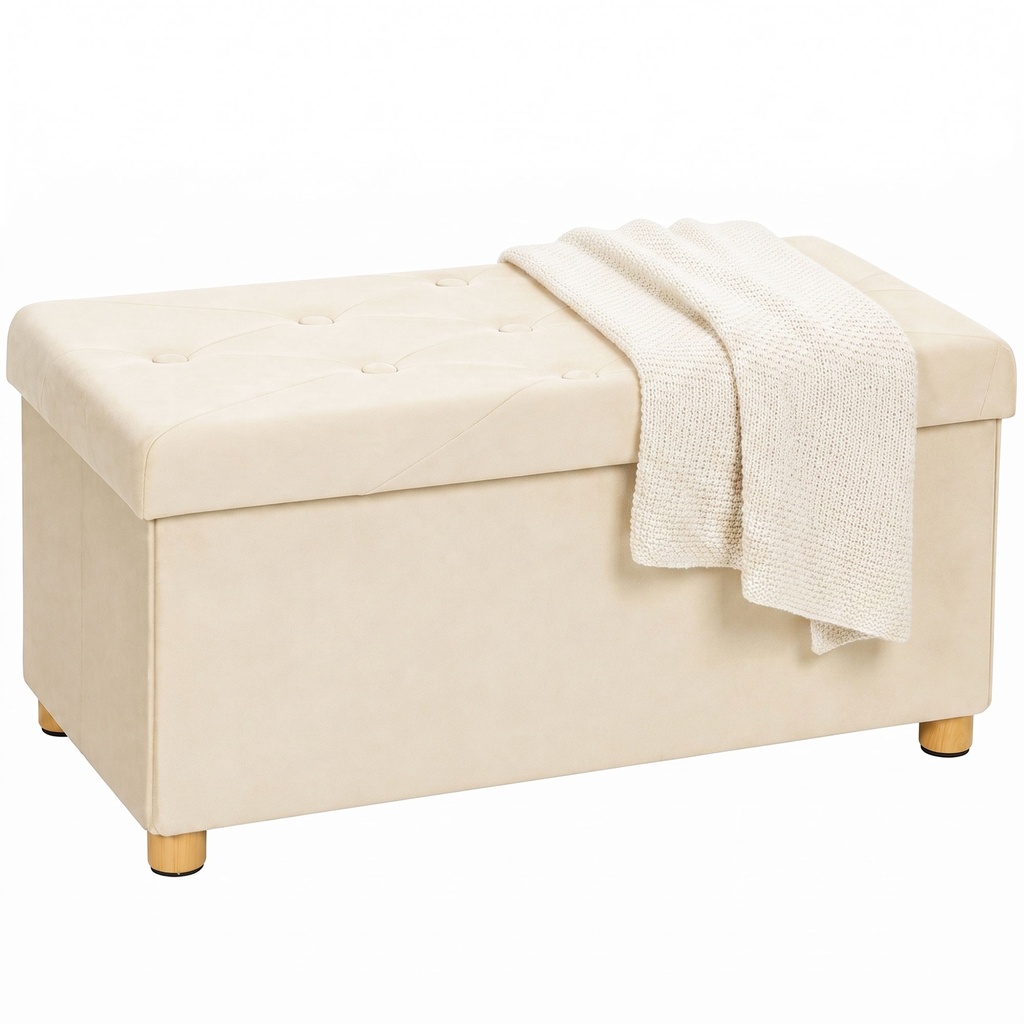 Velvet Storage Ottoman Bench 76 x 38 x 38cm - Cream White - 1