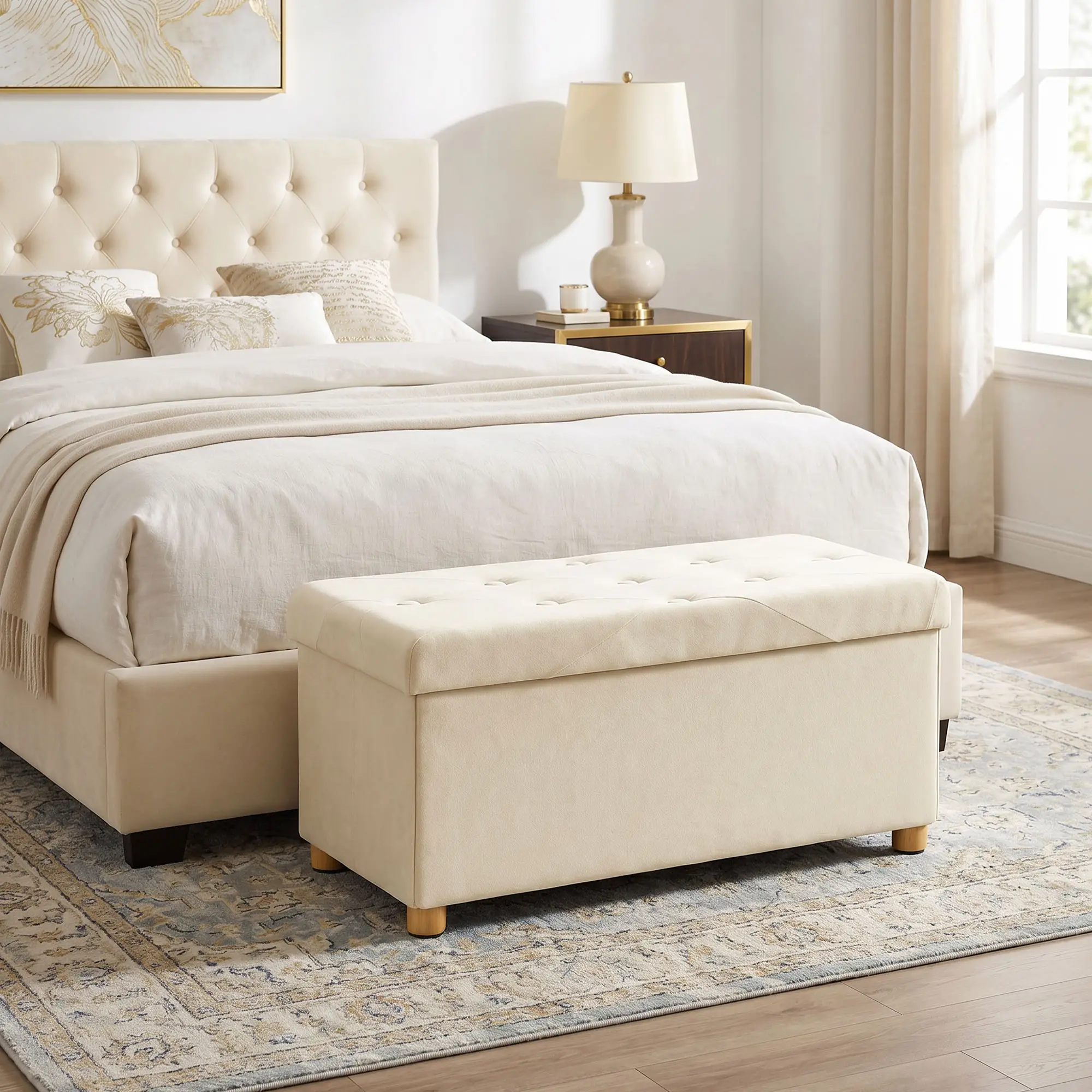 Velvet Storage Ottoman Bench 76 x 38 x 38cm - Cream White - 2
