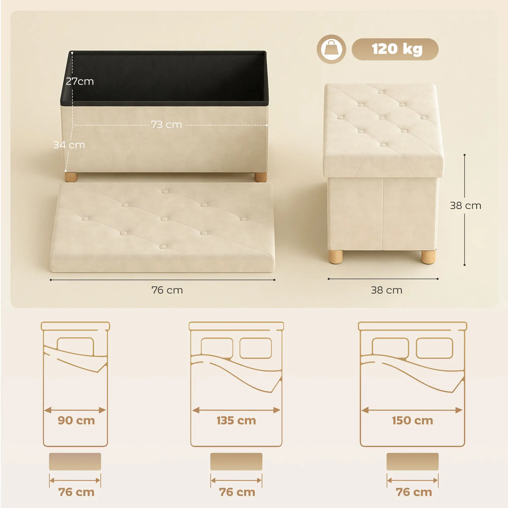Velvet Storage Ottoman Bench 76 x 38 x 38cm - Cream White - 3
