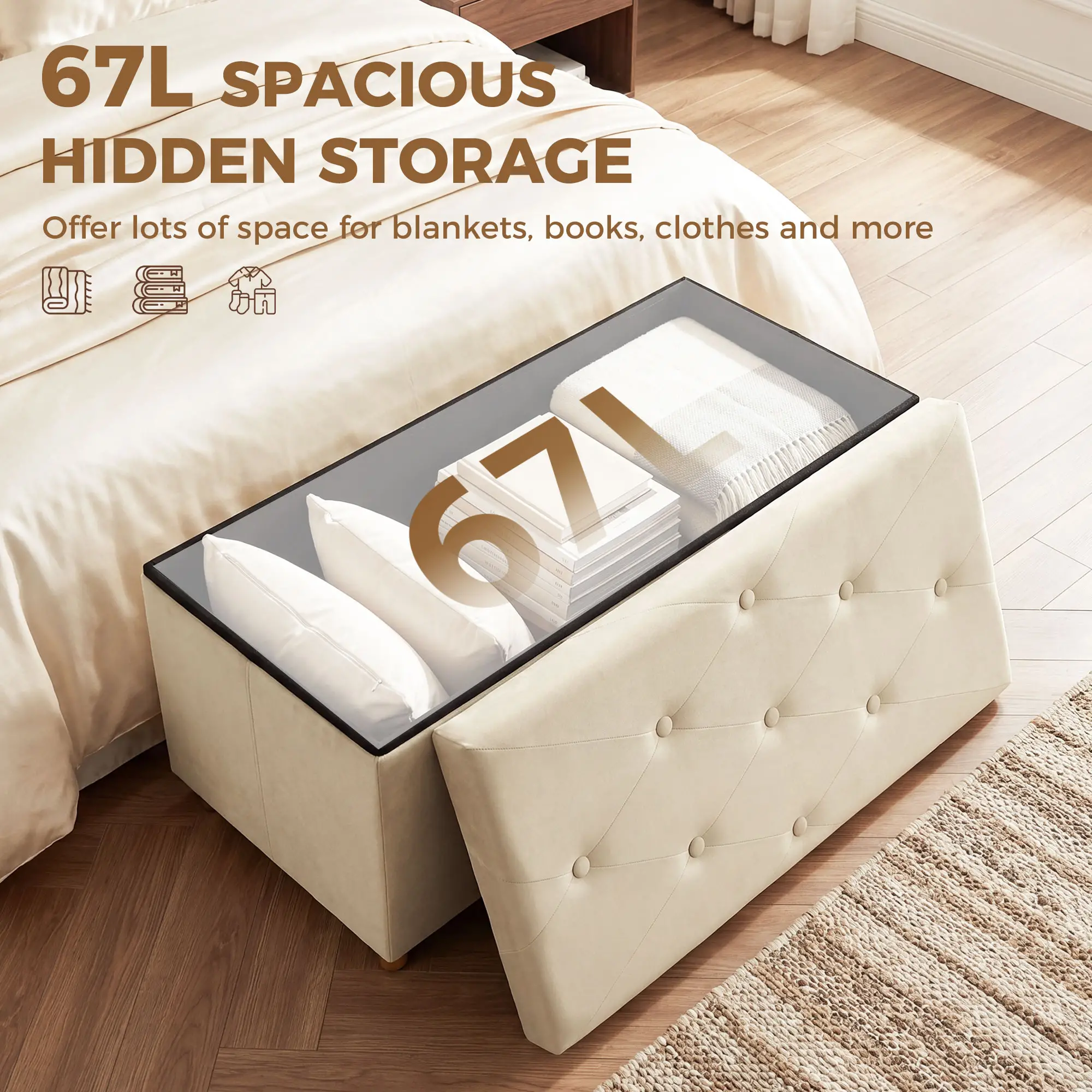Velvet Storage Ottoman Bench 76 x 38 x 38cm - Cream White - 4