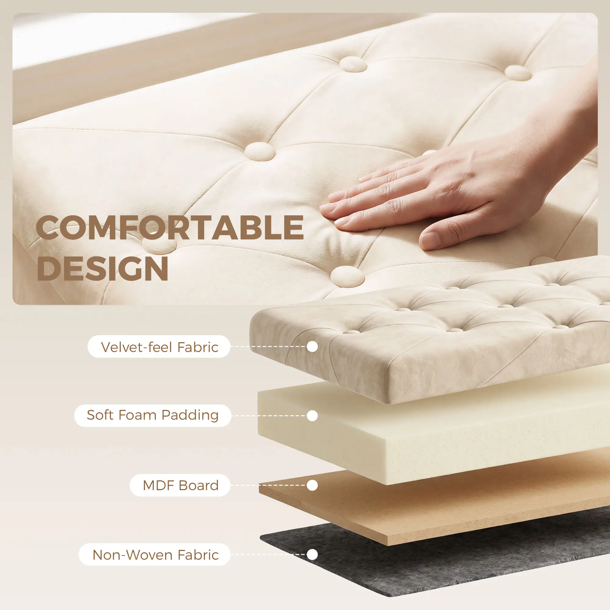 Velvet Storage Ottoman Bench 76 x 38 x 38cm - Cream White - 5