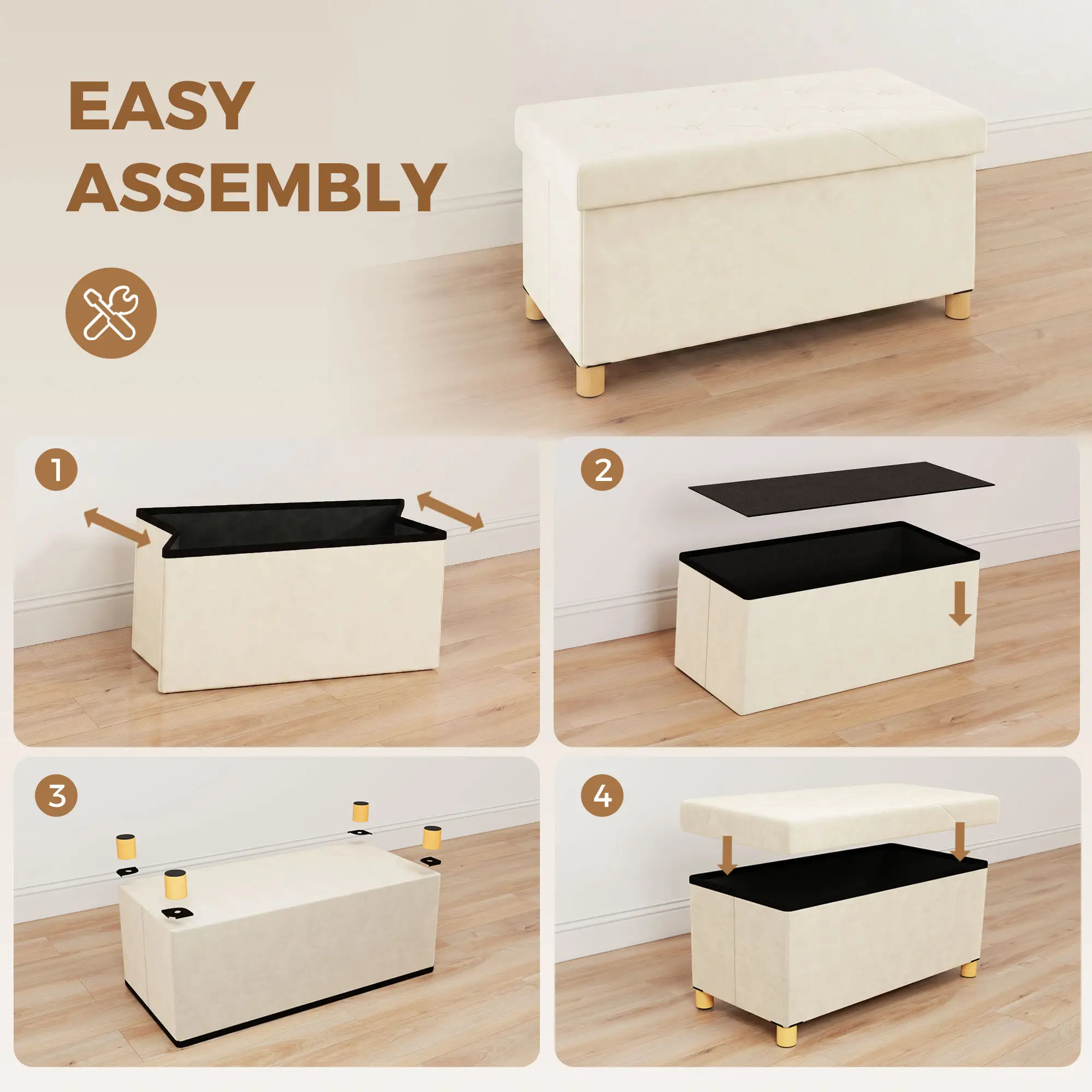 Velvet Storage Ottoman Bench 76 x 38 x 38cm - Cream White - 6
