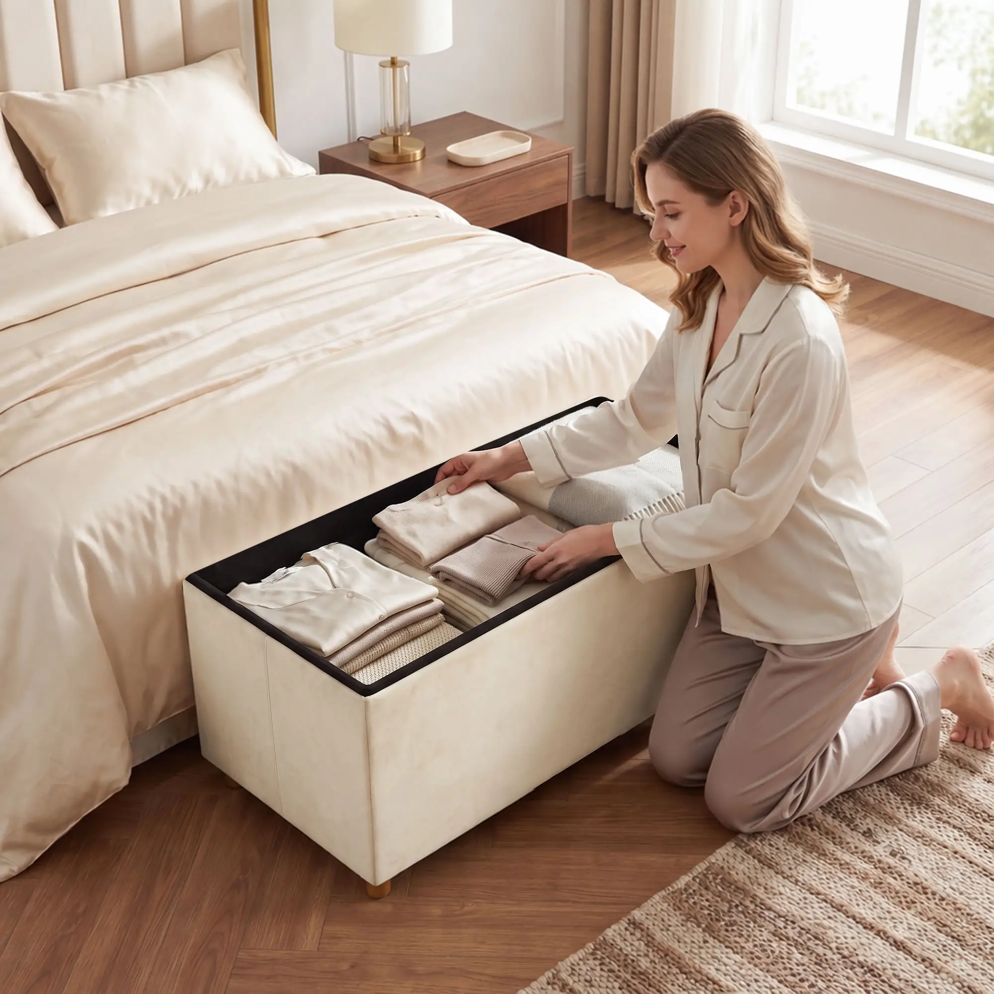 Velvet Storage Ottoman Bench 76 x 38 x 38cm - Cream White - 8