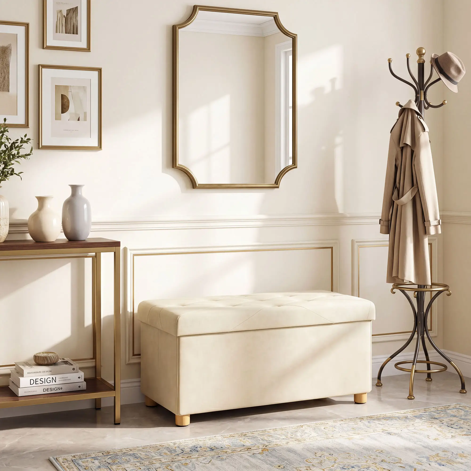 Velvet Storage Ottoman Bench 76 x 38 x 38cm - Cream White - 9