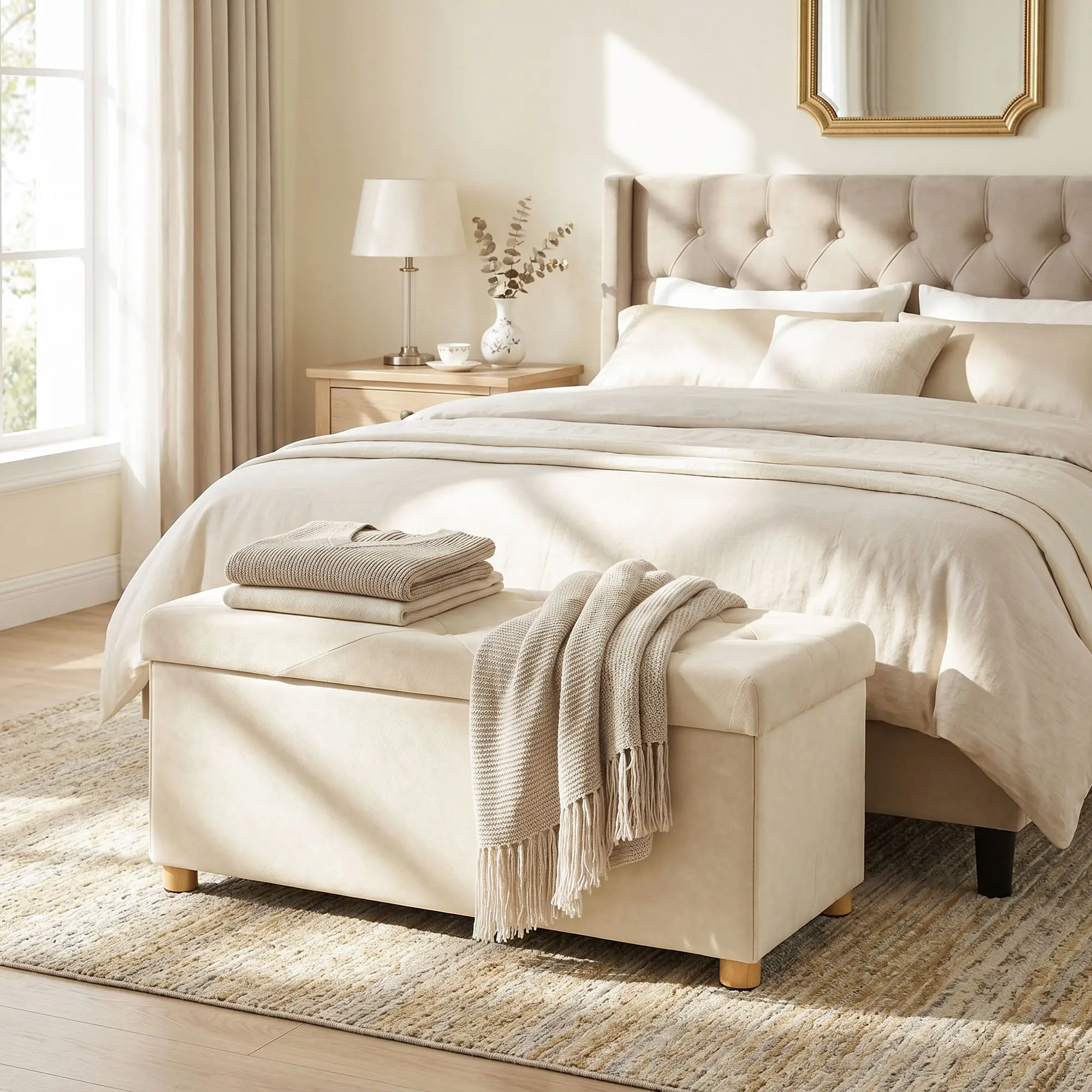 Velvet Storage Ottoman Bench 76 x 38 x 38cm - Cream White - 14