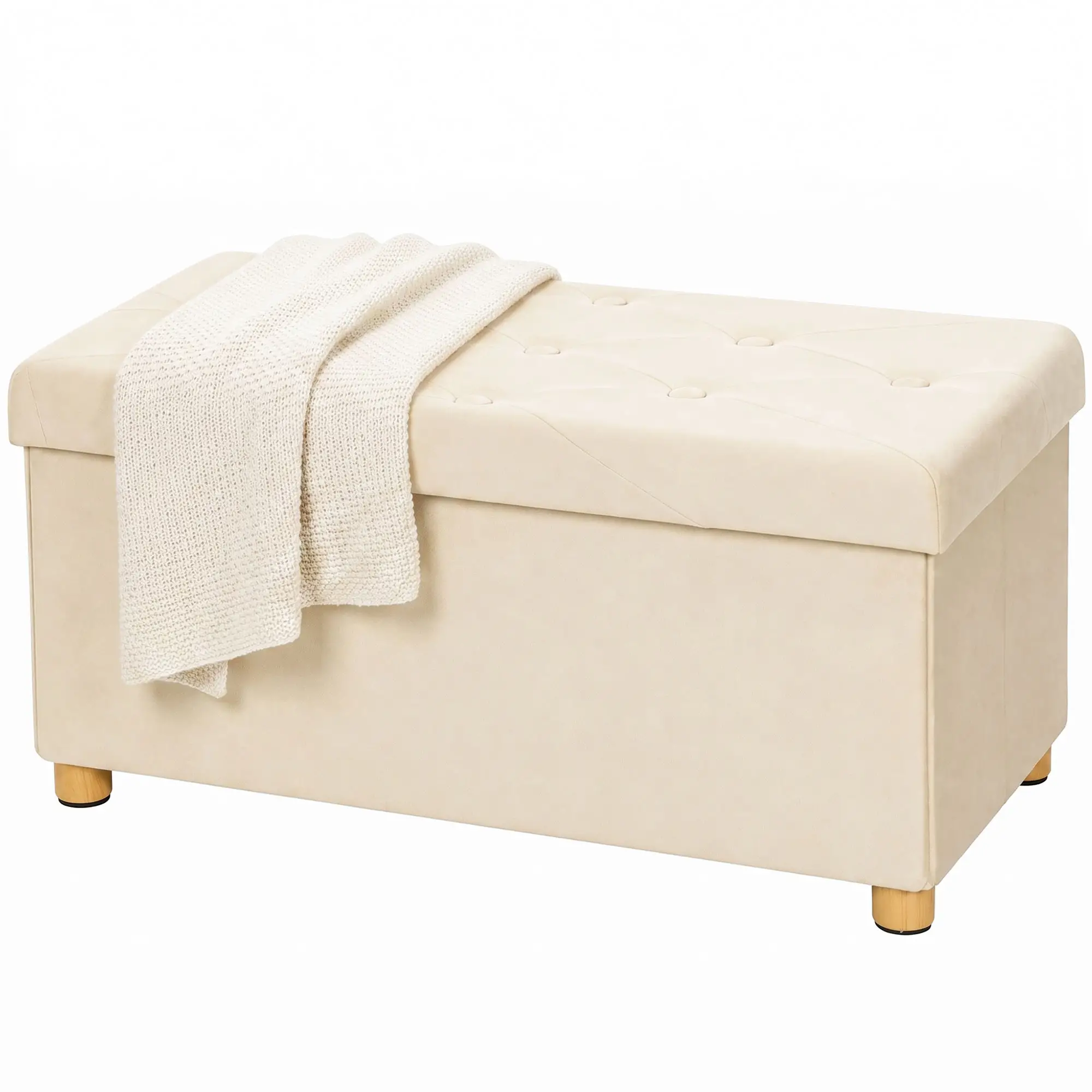 Velvet Storage Ottoman Bench 76 x 38 x 38cm - Cream White - 15