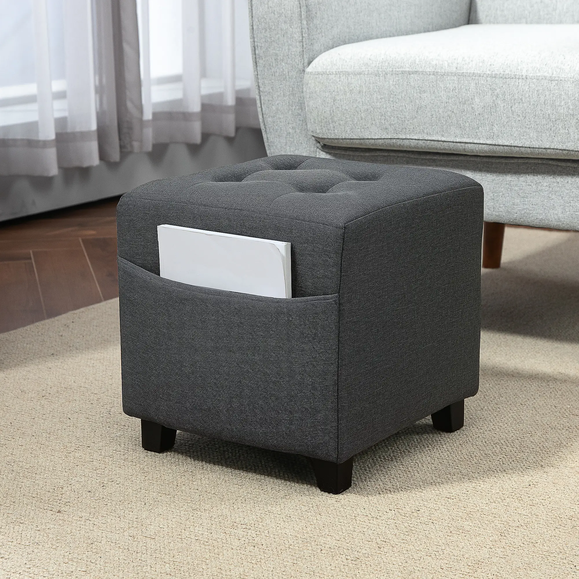 Square Linen Footstool 35 x 35 x 35cm - Grey - 2