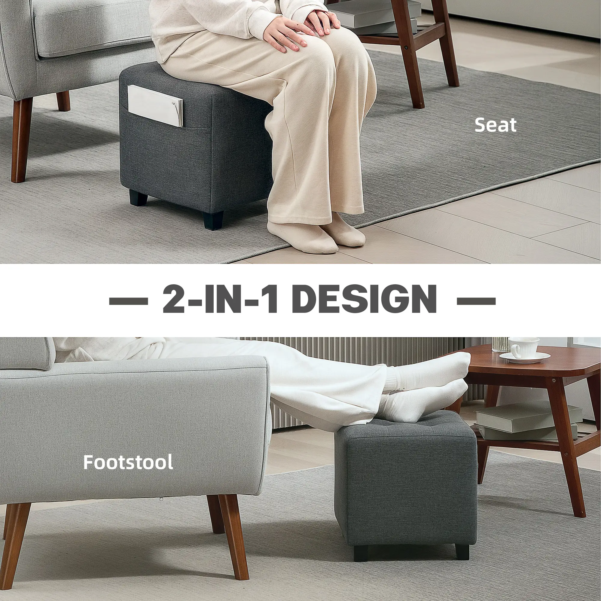 Square Linen Footstool 35 x 35 x 35cm - Grey - 4