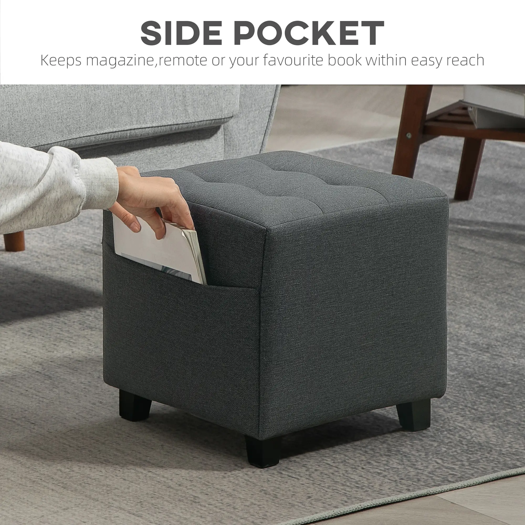 Square Linen Footstool 35 x 35 x 35cm - Grey - 5