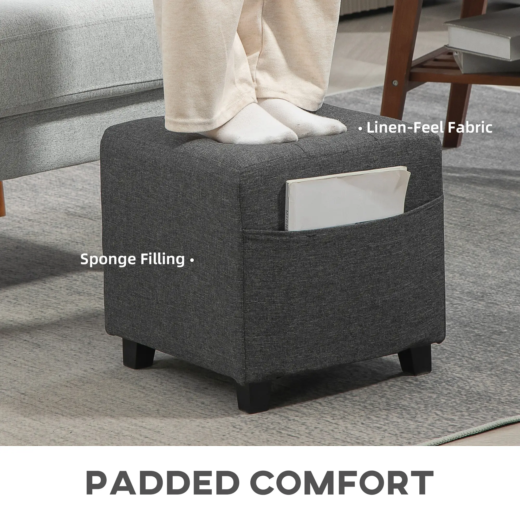 Square Linen Footstool 35 x 35 x 35cm - Grey - 6