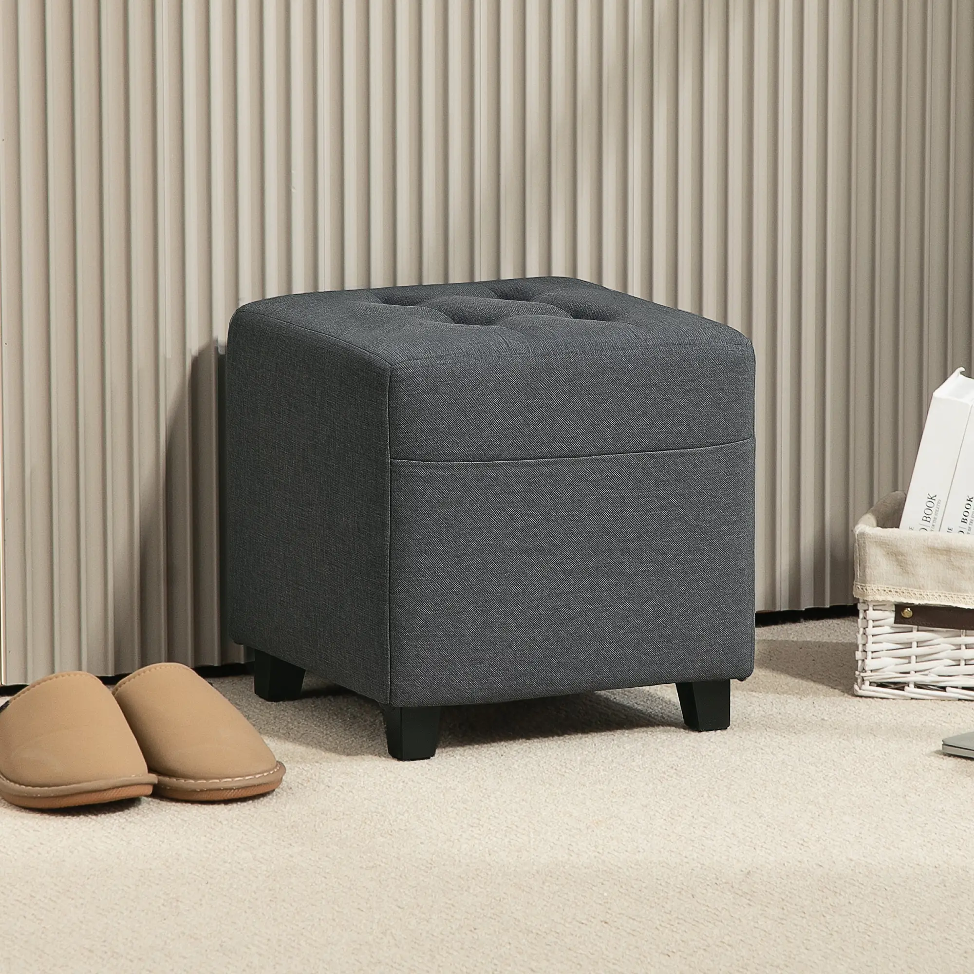 Square Linen Footstool 35 x 35 x 35cm - Grey - 10