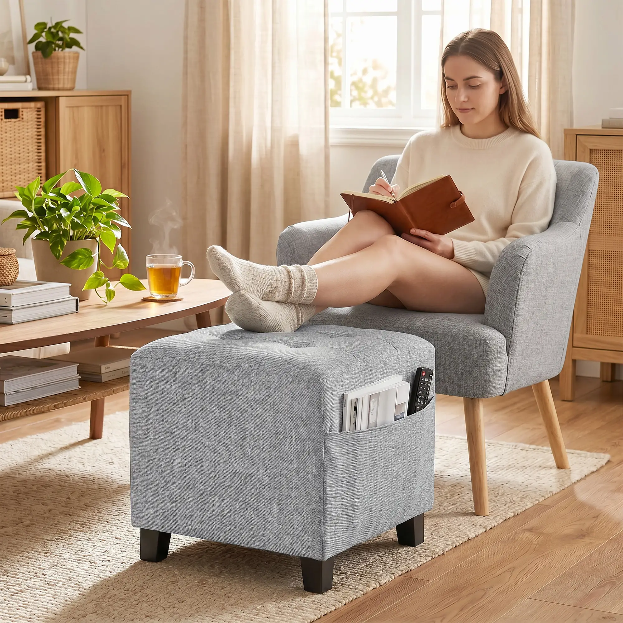 Square Linen Footstool 35 x 35 x 35cm - Light Grey - 2