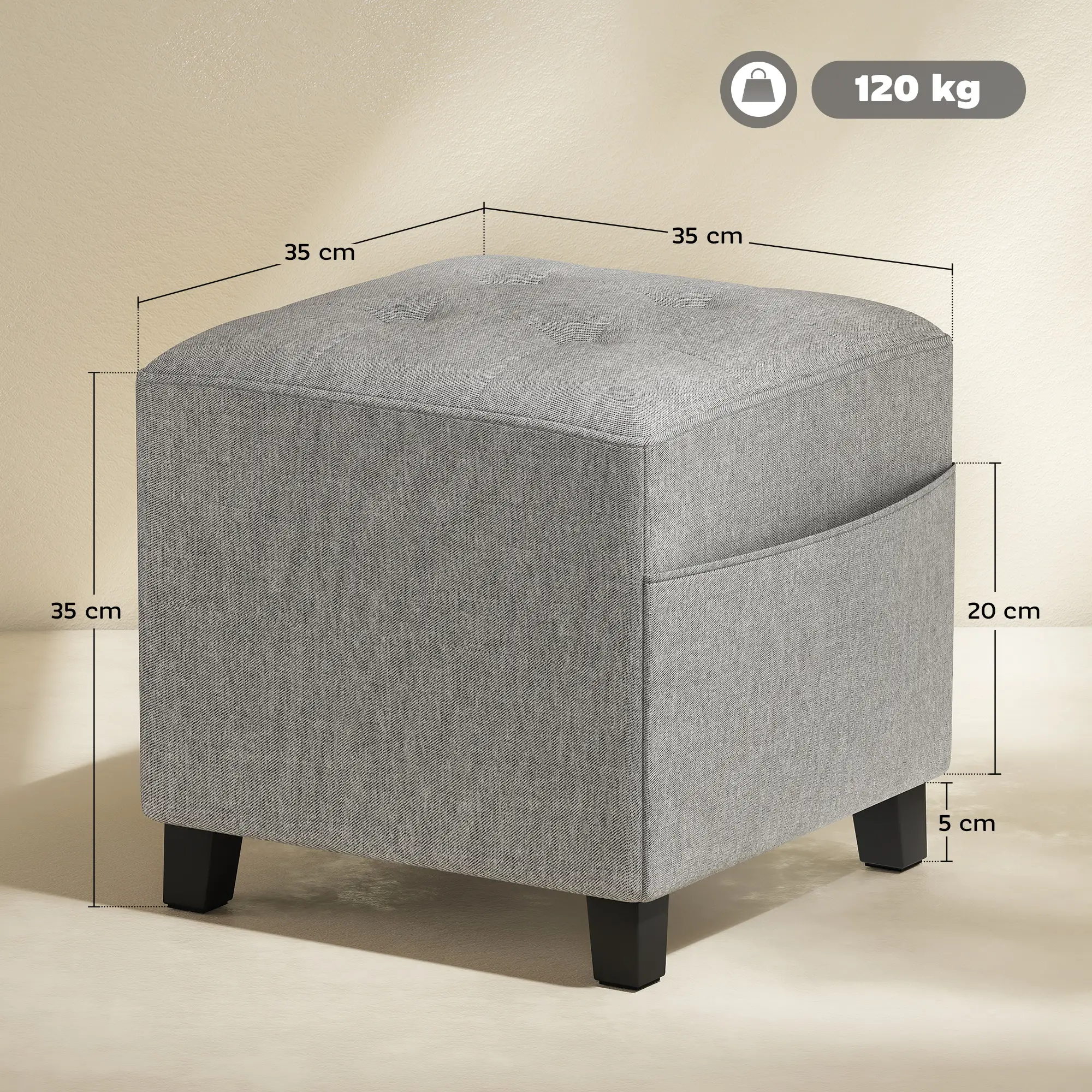 Square Linen Footstool 35 x 35 x 35cm - Light Grey - 3