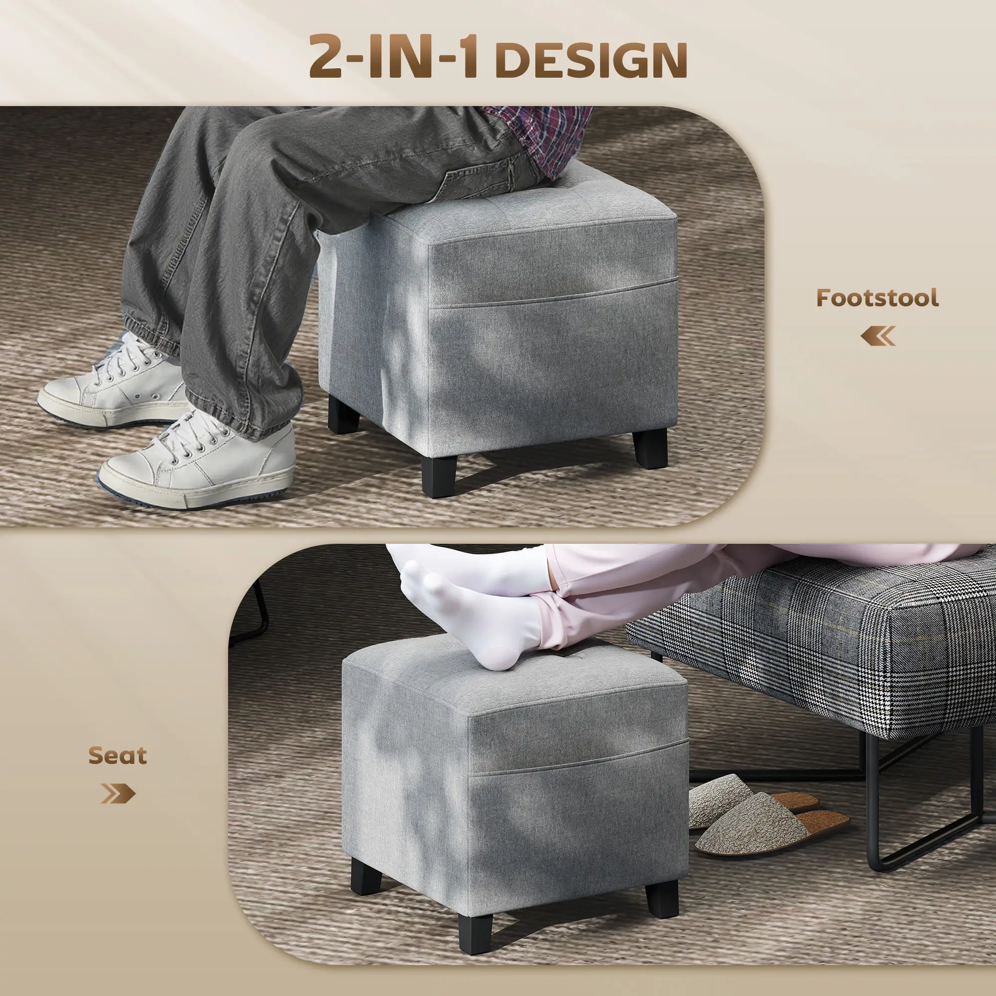 Square Linen Footstool 35 x 35 x 35cm - Light Grey - 4
